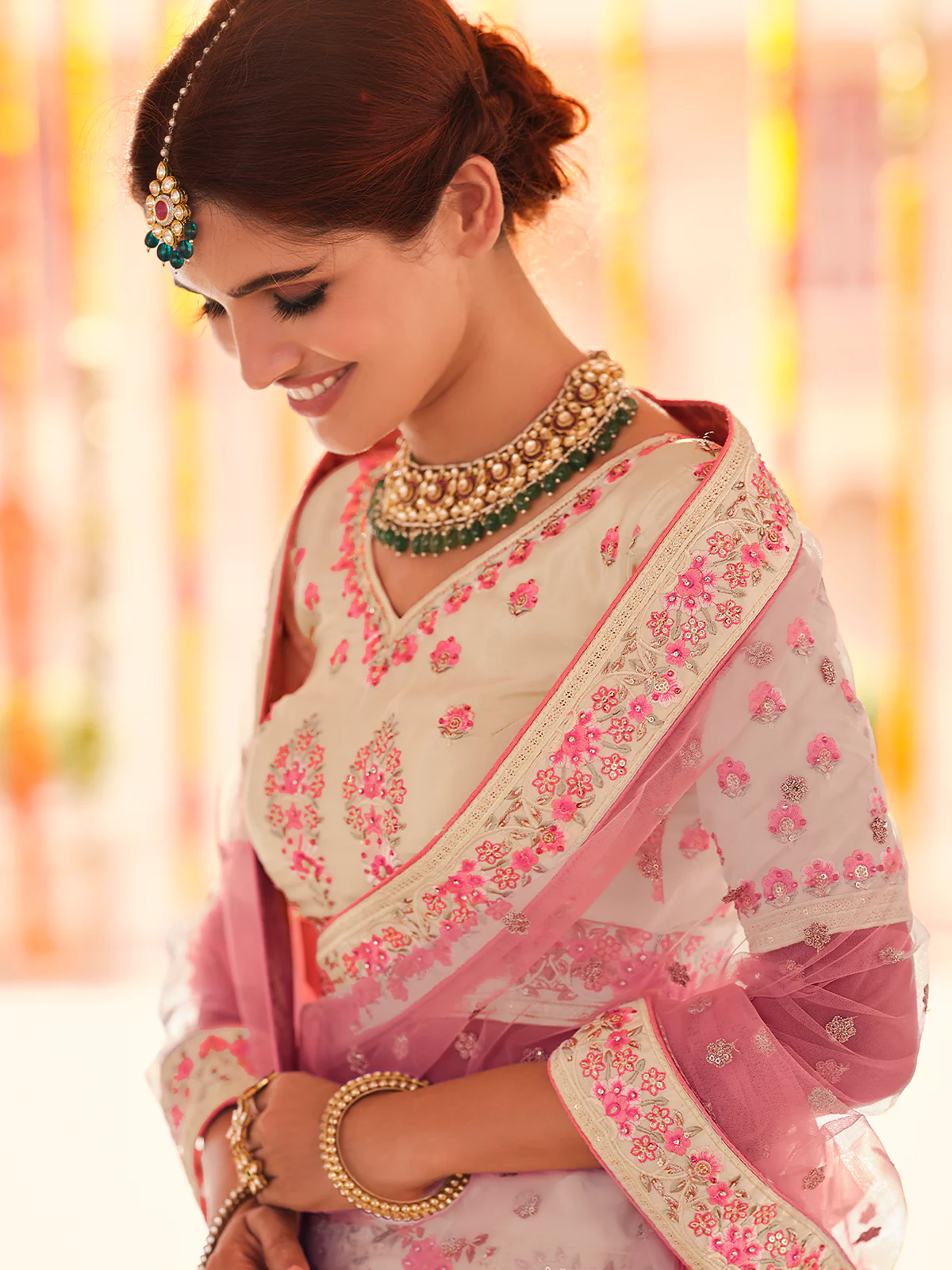 Odette Women Beige Embroidered Crepe Semi Stitched Lehenga With Unstitched Blouse - Image 3