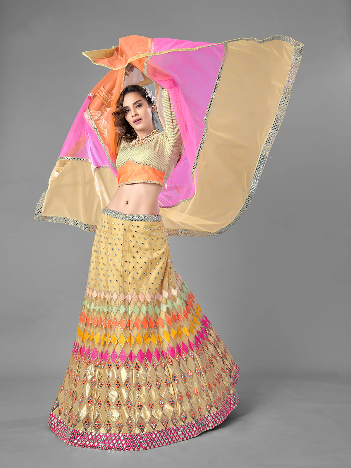 Odette Women Beige Embroidered Soft Net Semi Stitched Lehenga With Unstitched Blouse - Image 2