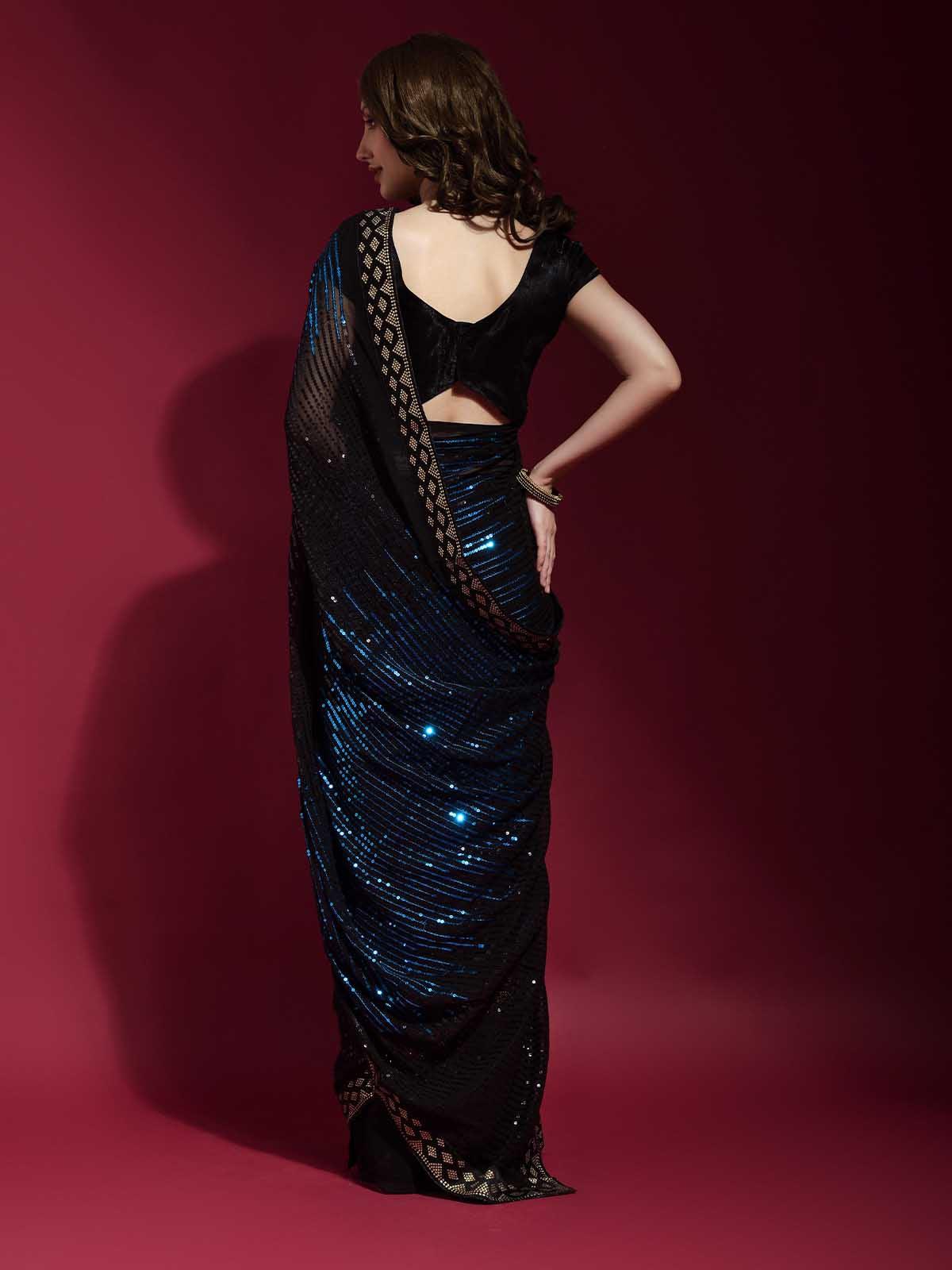 Odette Women Black And Blue Georgette Sequence Saree With Unstitched Blouse - Image 4