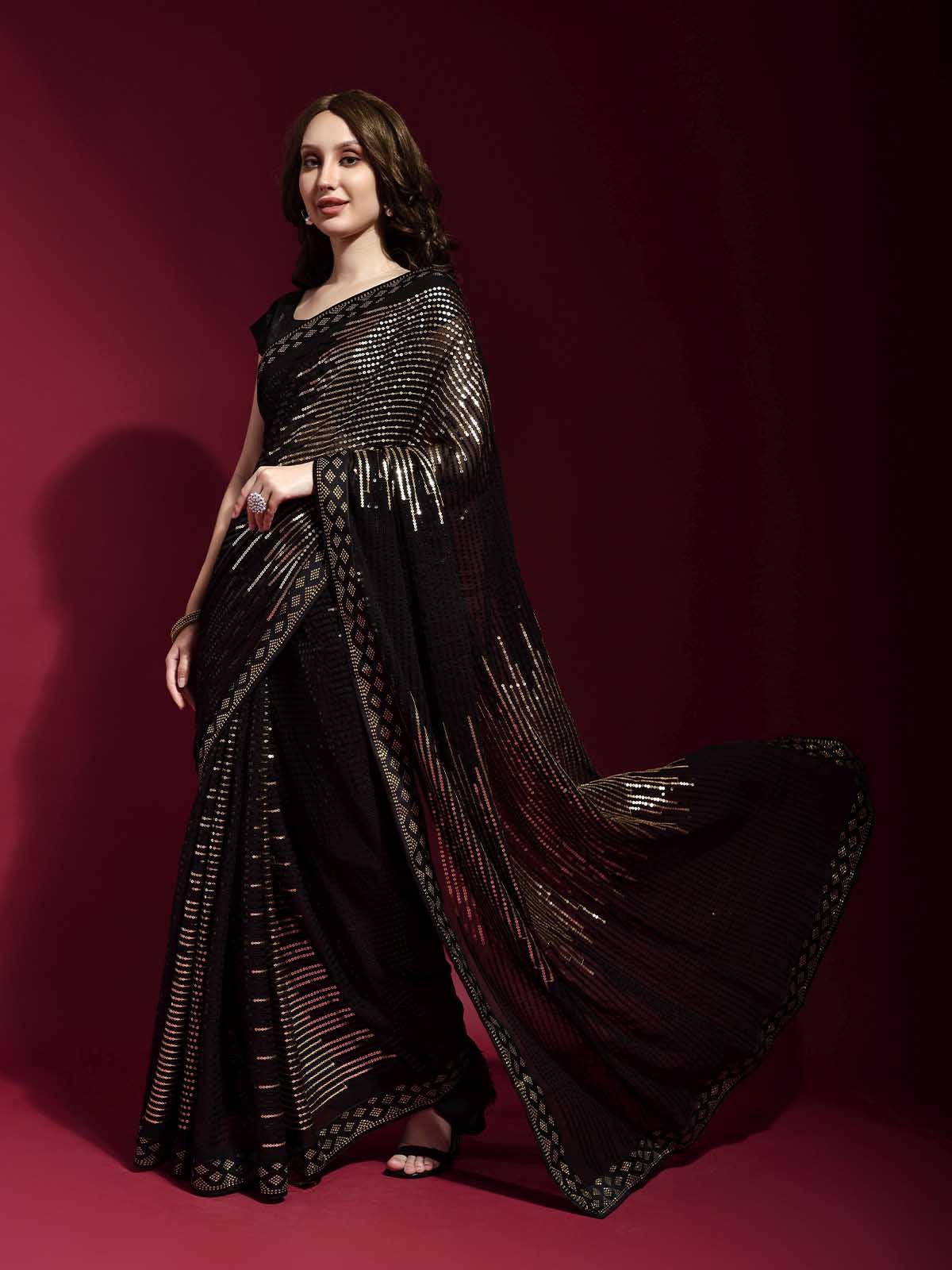 Odette Women Black And Gold Georgette Sequence Saree With Unstitched Blouse - Image 3