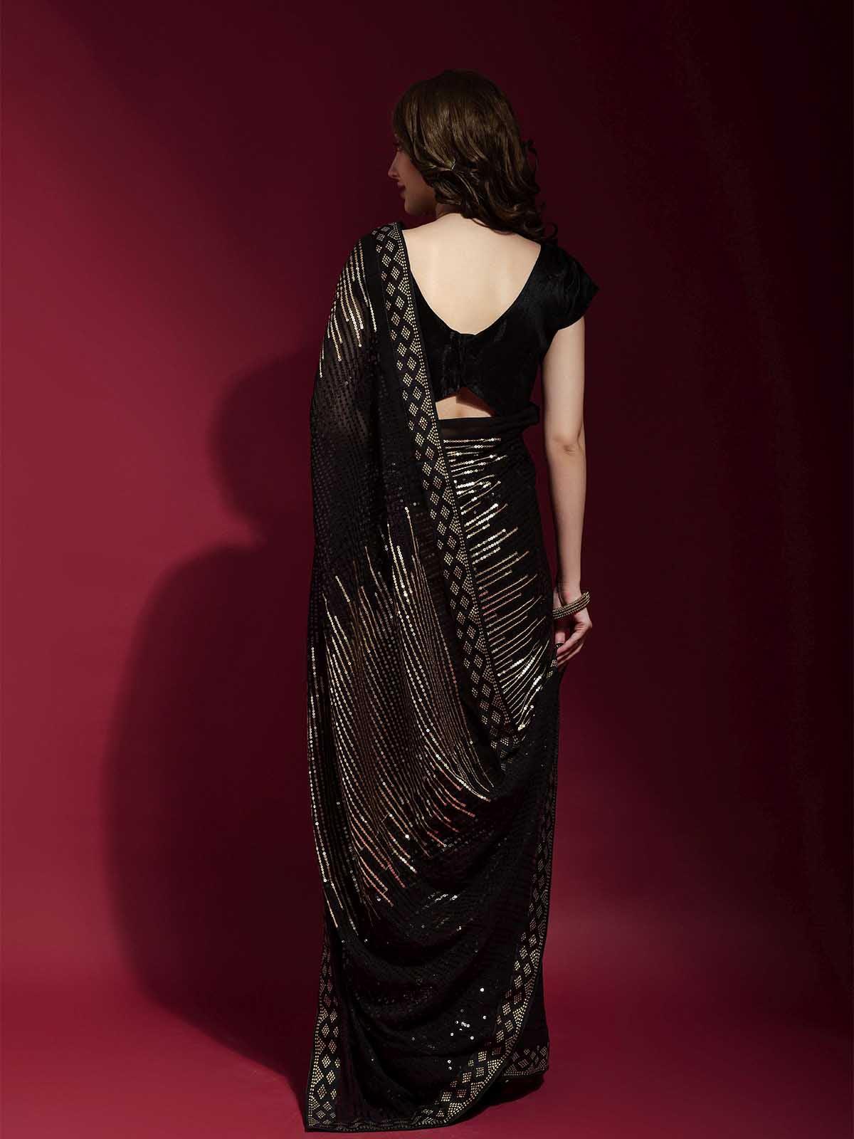 Odette Women Black And Gold Georgette Sequence Saree With Unstitched Blouse - Image 4
