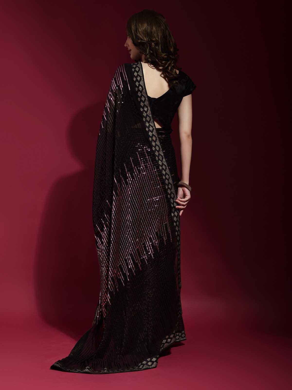 Odette Women Black And Pink Georgette Sequence Saree With Unstitched Blouse - Image 4