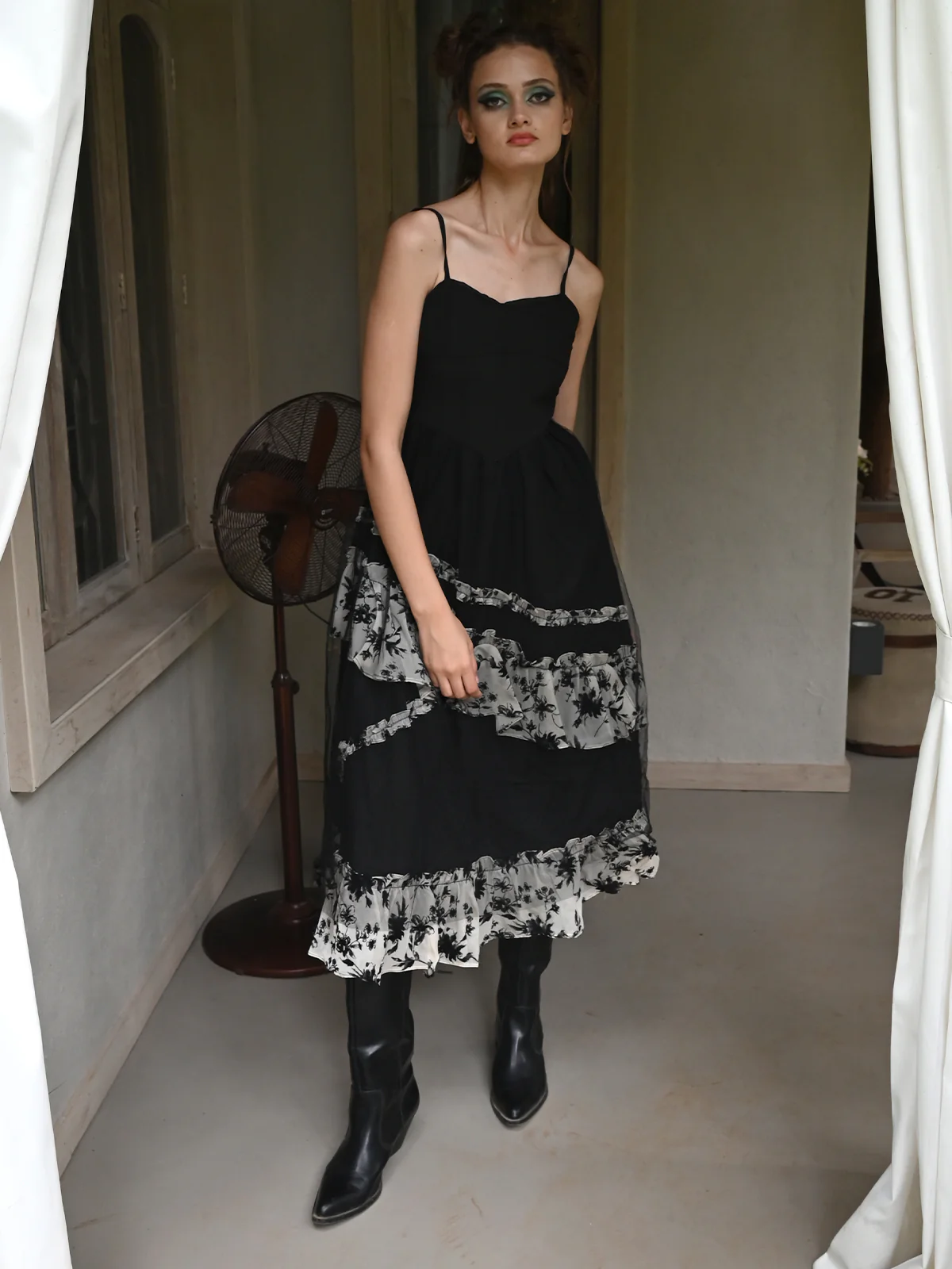 Odette Women Black And White Floral Polyester And Net Dress - Image 3