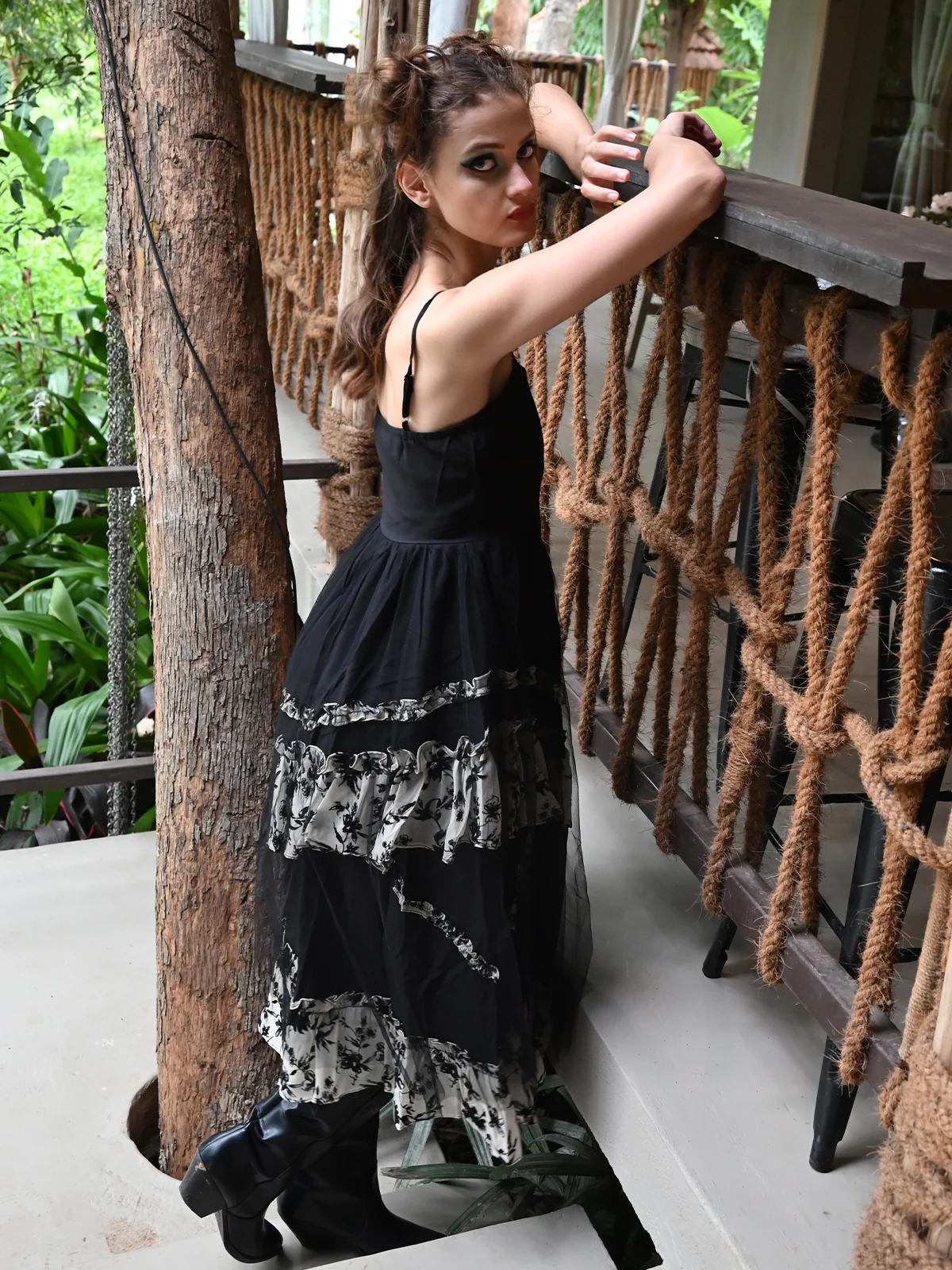 Odette Women Black And White Floral Polyester And Net Dress - Image 4