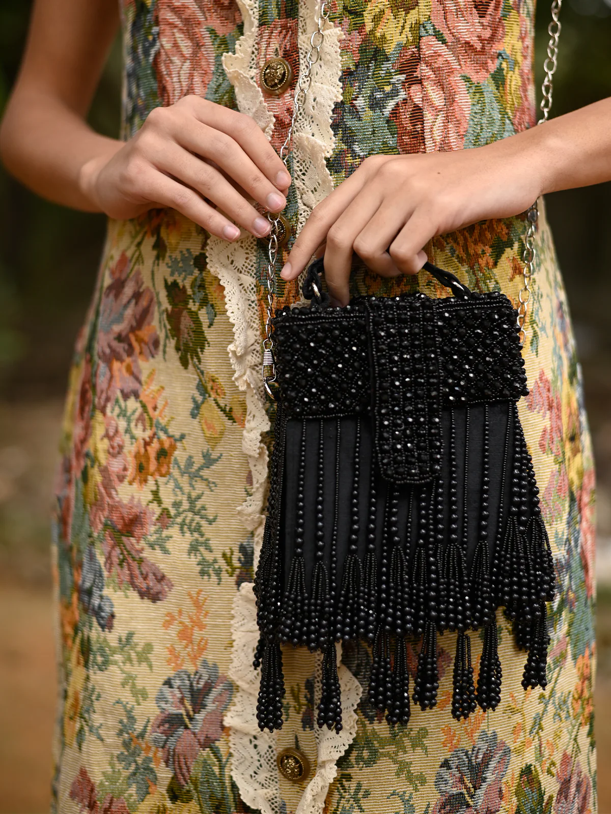 Odette Women Black Beaded Sling Bag With Tassels - Image 2