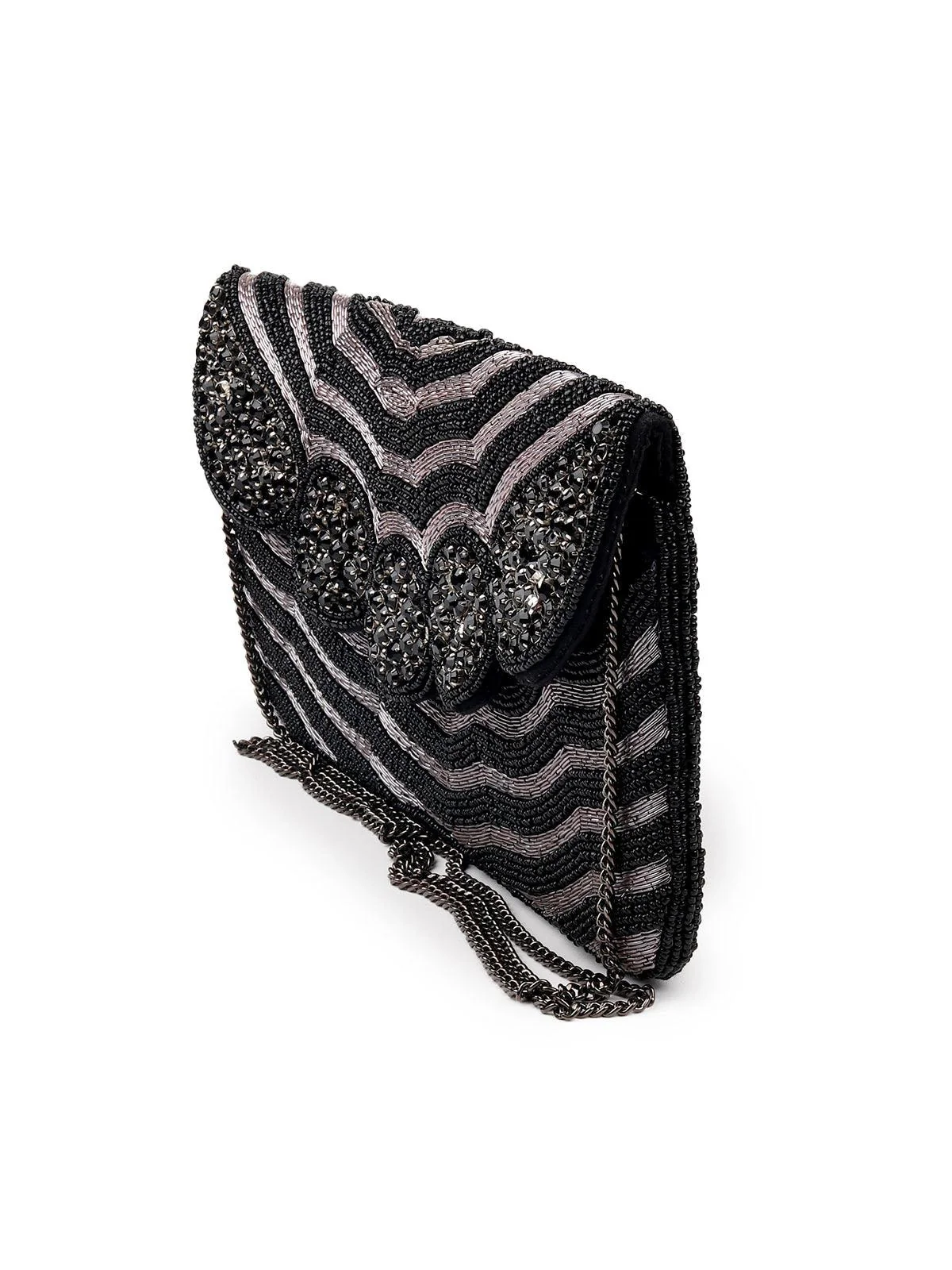Odette Women Black Beaded Stunning Flap Closure Sling Bag - Image 4