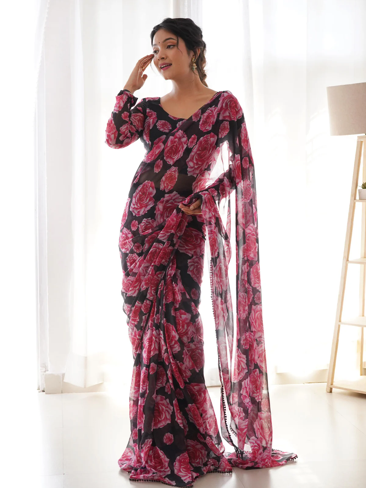 Odette Women Black Georgette Floral Saree With Stitched Blouse - Image 2