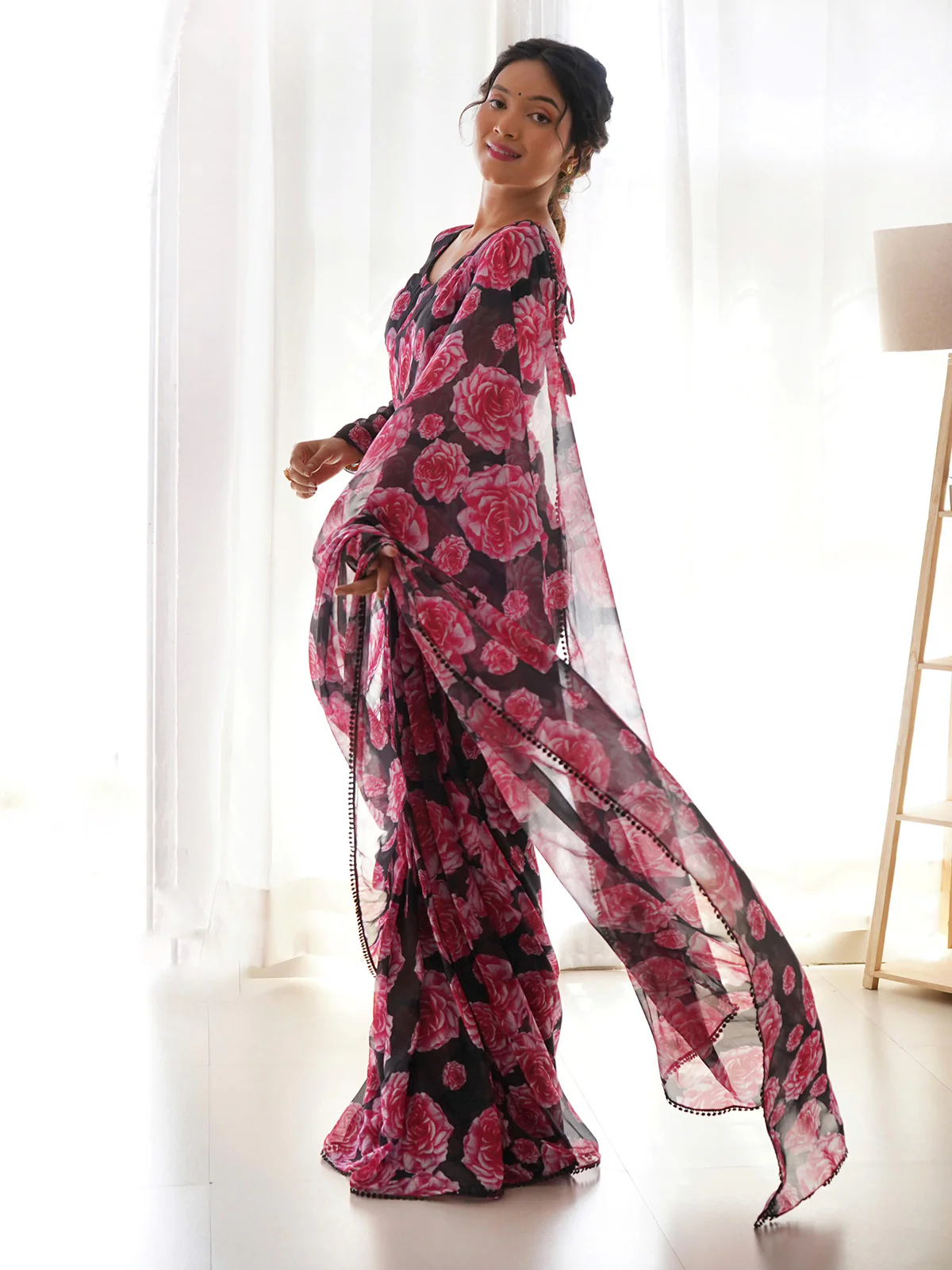 Odette Women Black Georgette Floral Saree With Stitched Blouse - Image 4