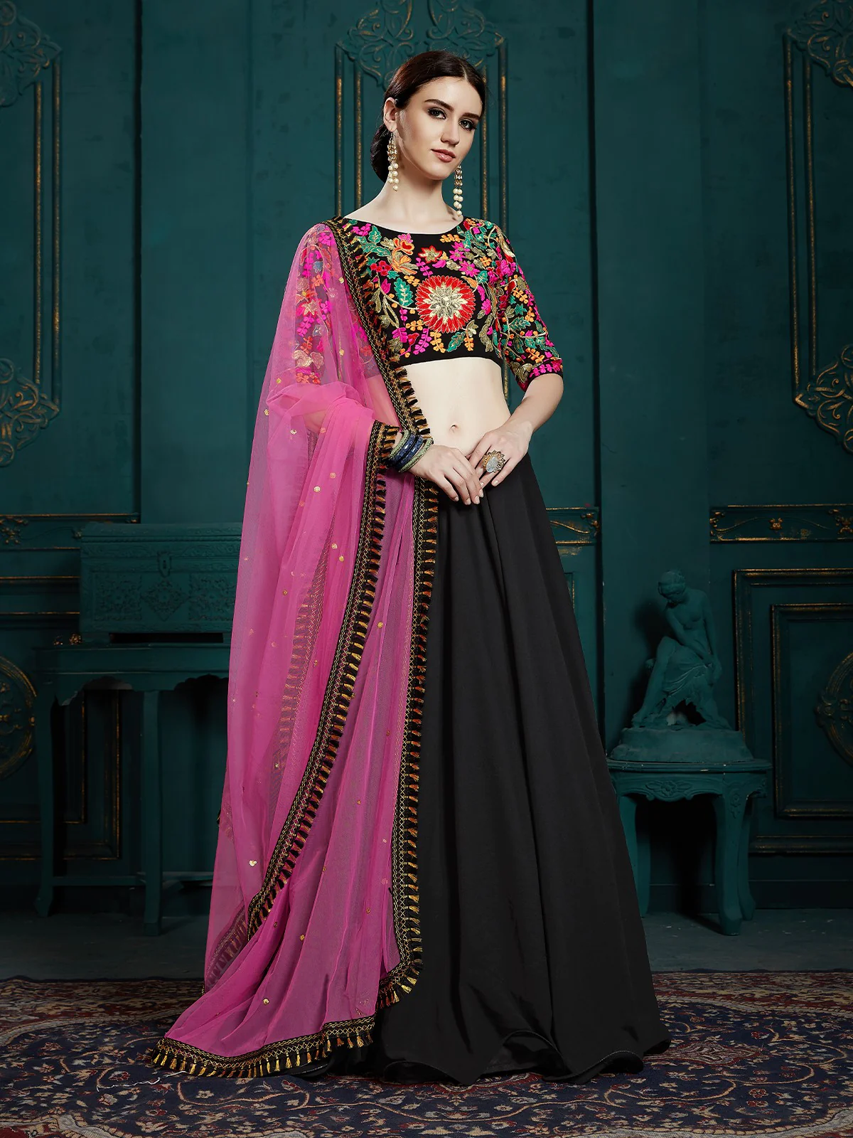 Odette Women Black Classy Semi Stitched Lehenga With Unstitched Blouse - Image 2