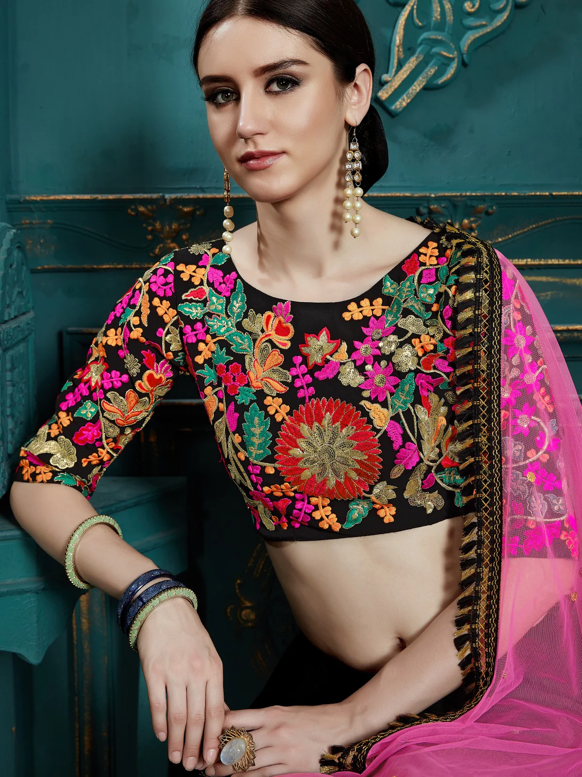 Odette Women Black Classy Semi Stitched Lehenga With Unstitched Blouse - Image 5