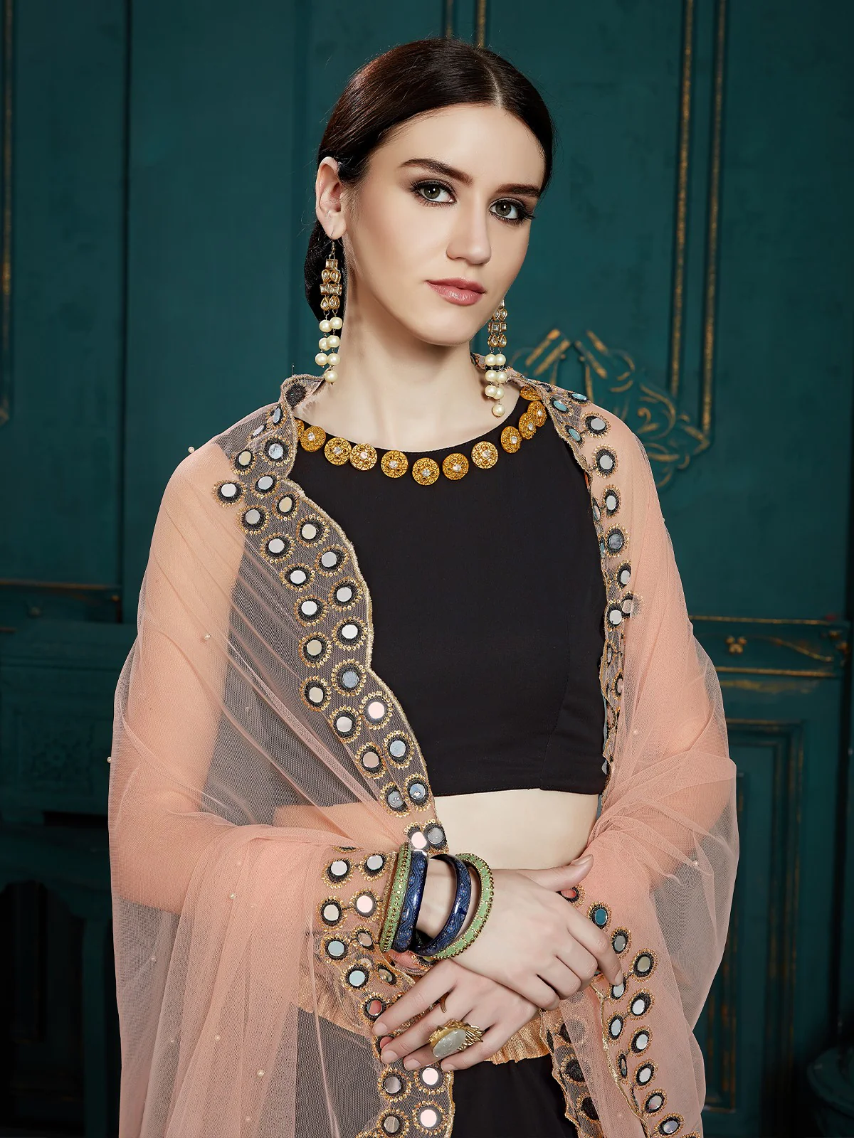 Odette Women Black Classy Semi Stitched Lehenga With Unstitched Blouse - Image 3