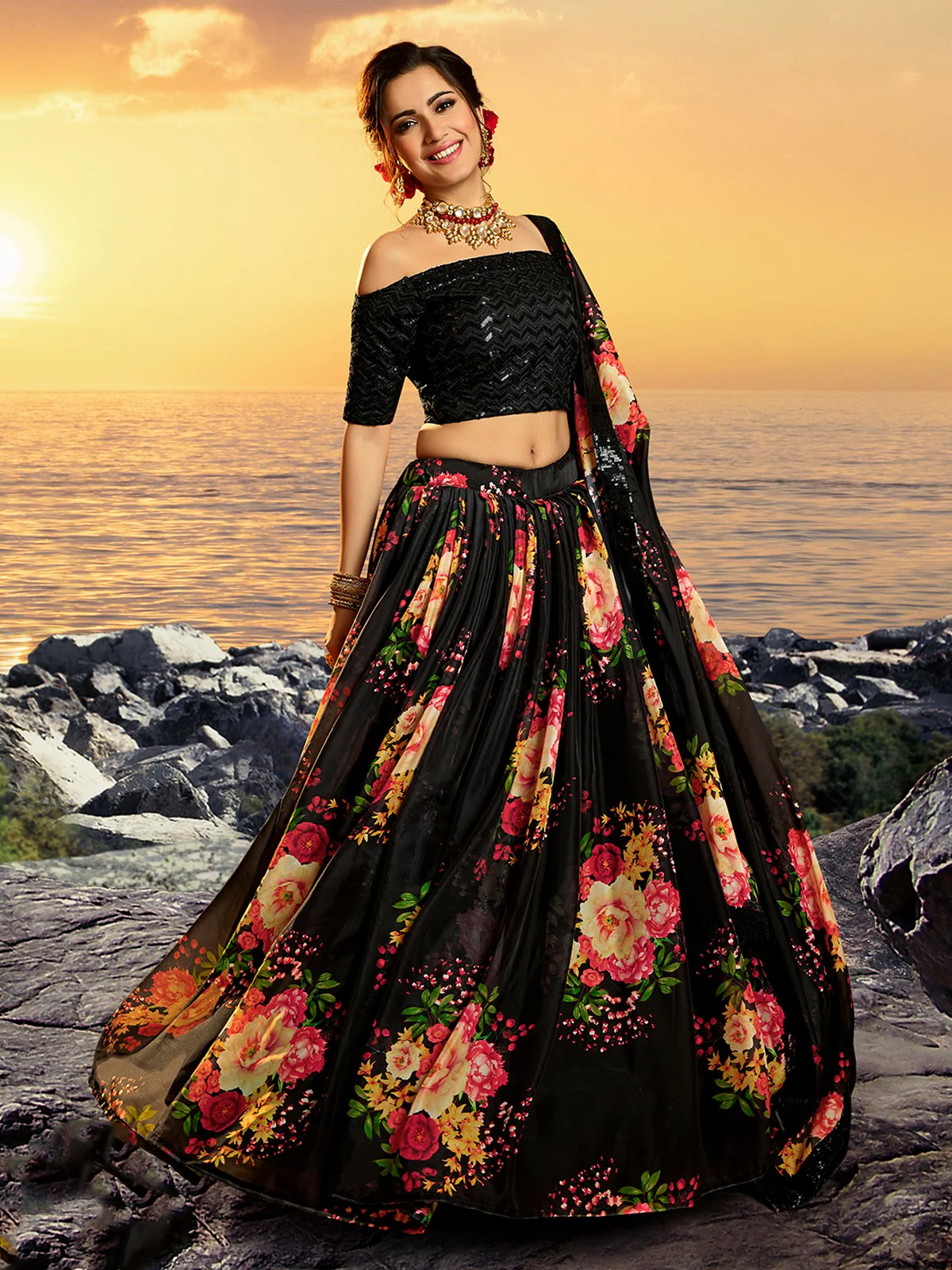 Odette Women Black Classy Semi Stitched Lehenga With  Unstitched Blouse - Image 2
