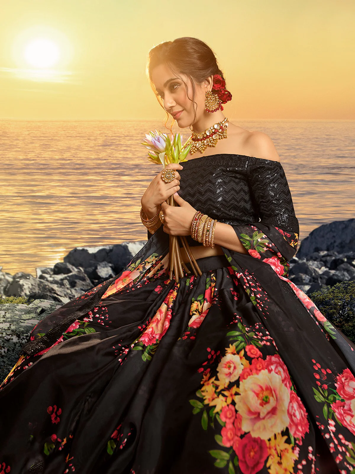 Odette Women Black Classy Semi Stitched Lehenga With  Unstitched Blouse - Image 4