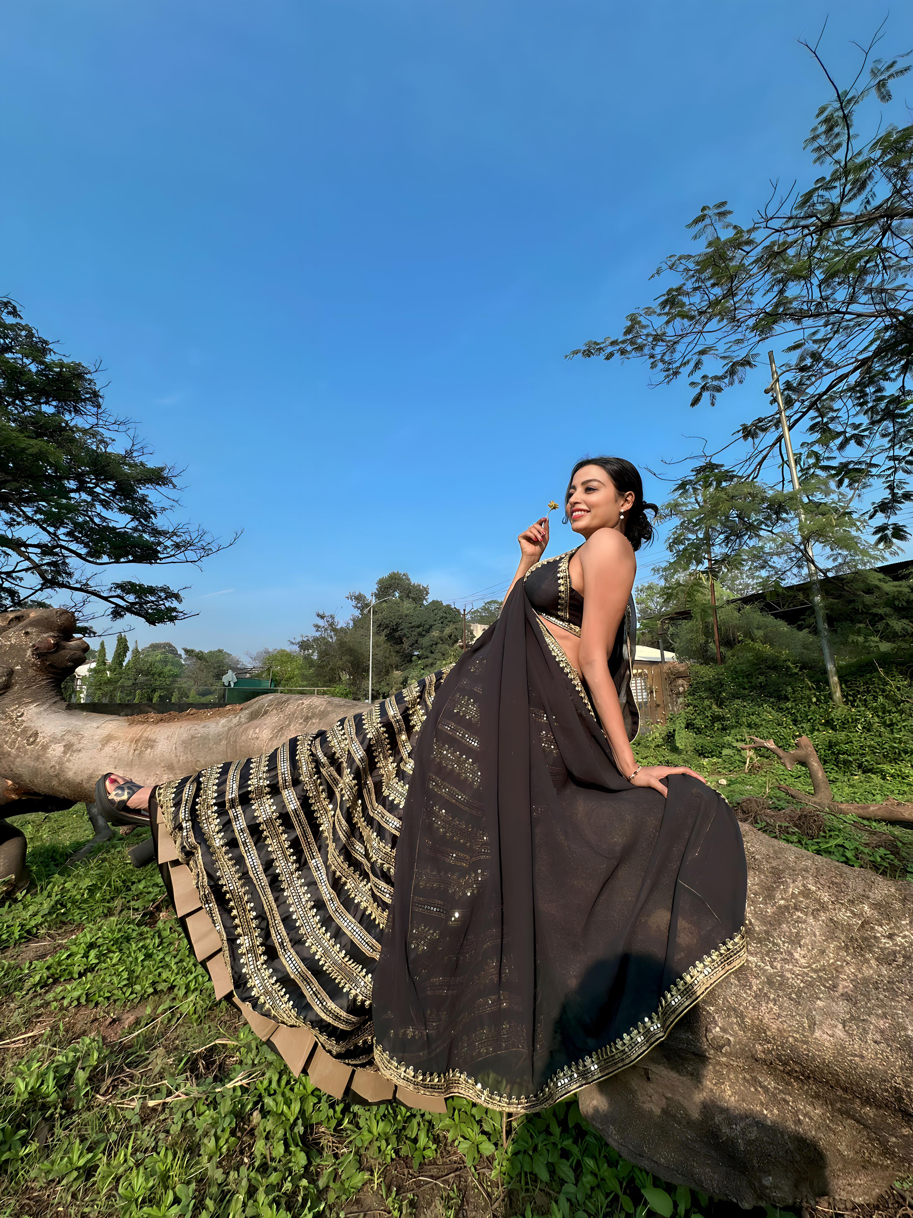 Odette Women Black Sequence Semi Stitched Lehenga With Unstitched Blouse - Image 4