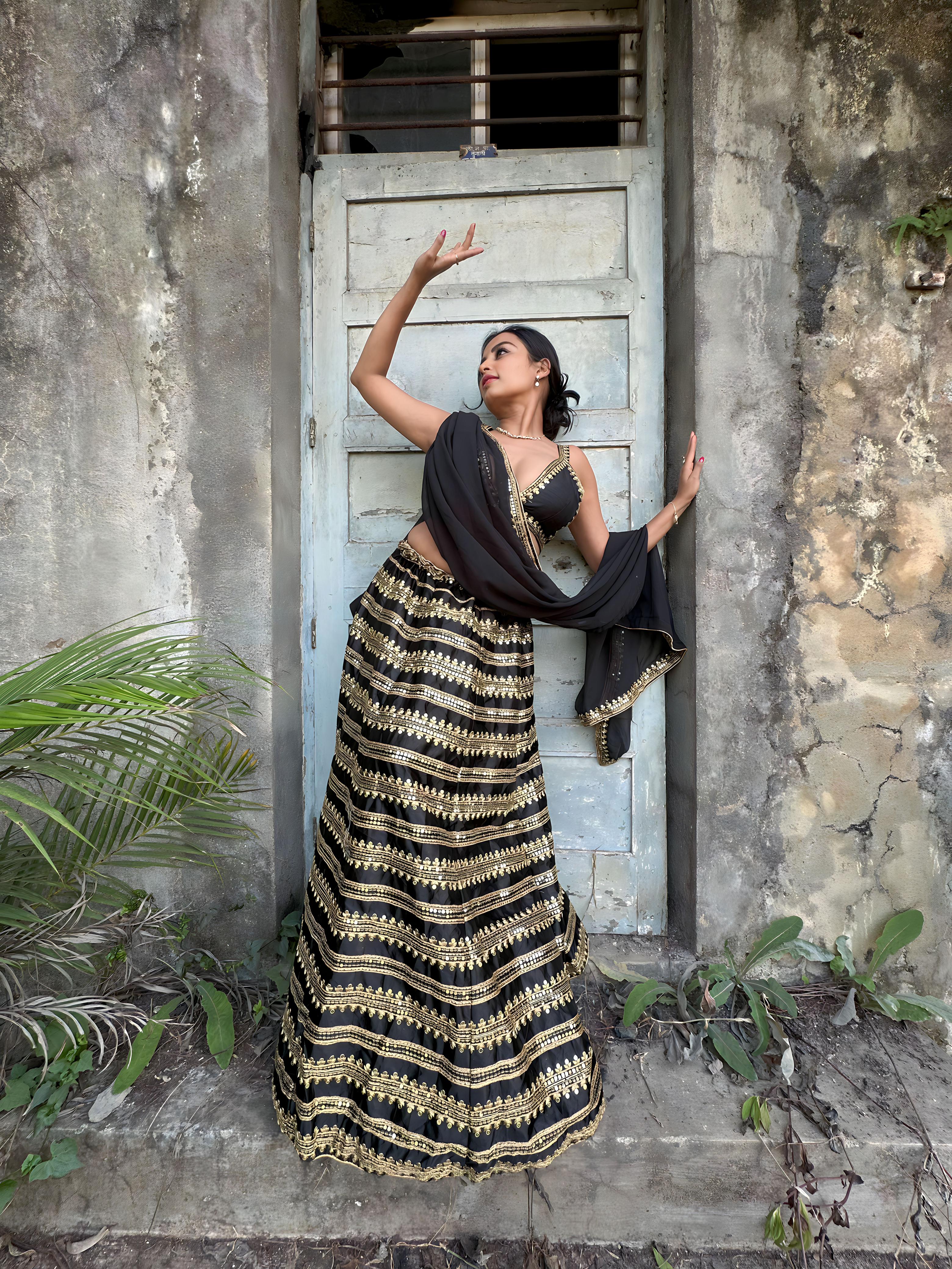 Odette Women Black Sequence Semi Stitched Lehenga With Unstitched Blouse - Image 5