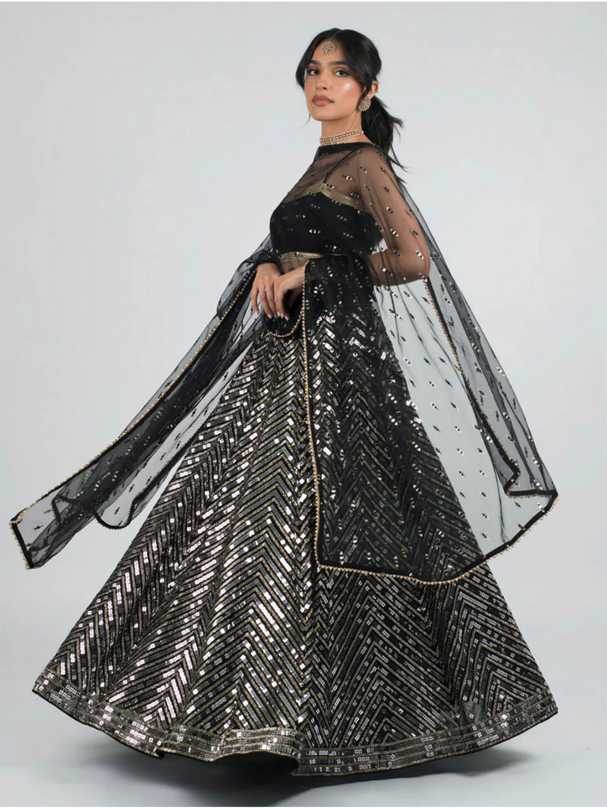 Odette Women Black Designer Sequence Semi Stitched Lehenga With Unstitched Blouse - Image 2