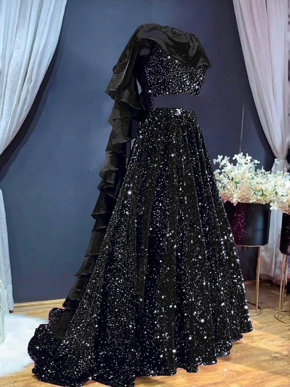 Odette Women Black Designer Sequence Semi Stitched Lehenga With Unstitched Blouse - Image 2