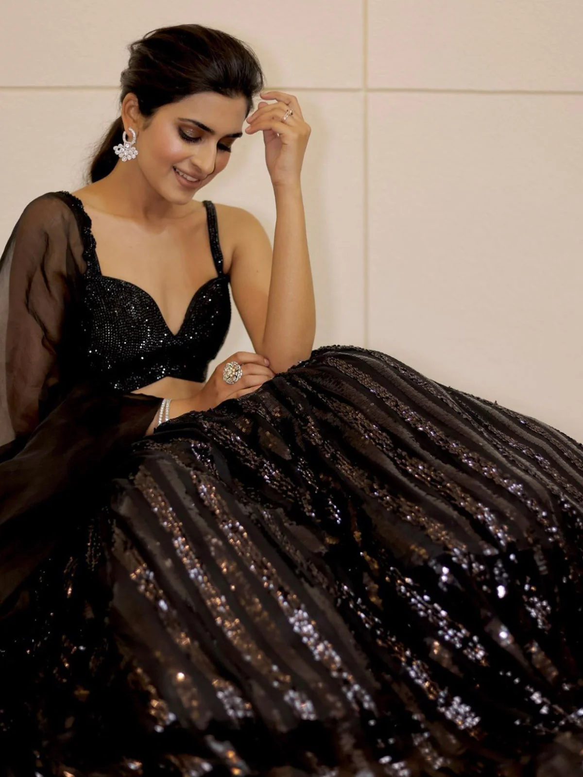 Odette Women Black Designer Sequin Semi Stitched Lehenga With Unstitched Blouse