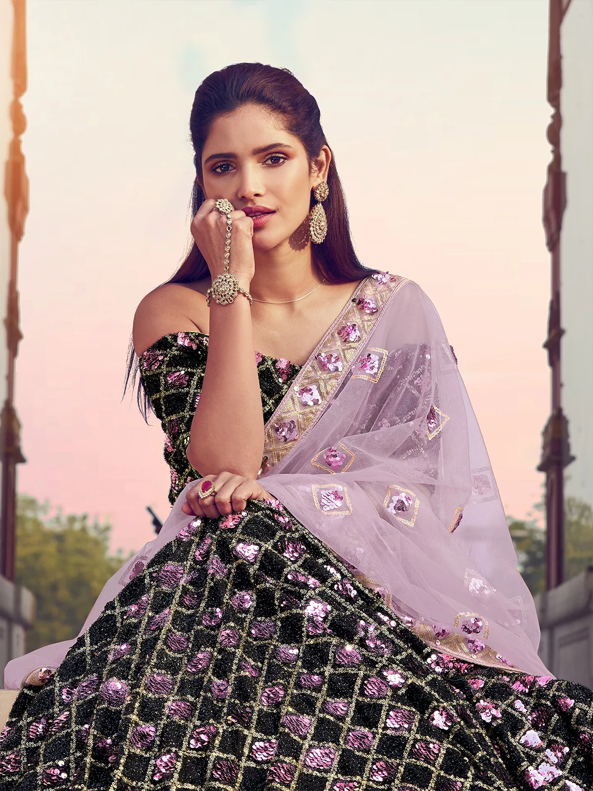 Odette Women Black Designer Sequins Semi Stitched Lehenga With Unstitched Blouse - Image 2