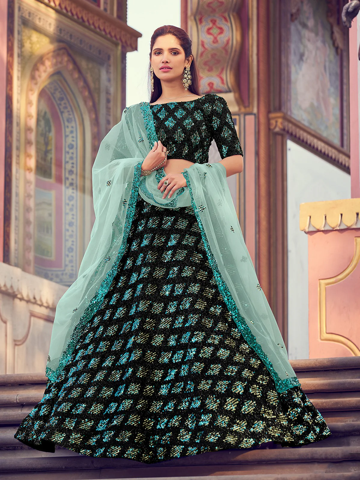 Odette Women Black Elegant Semi Stitched Lehenga With Unstitched Blouse - Image 2