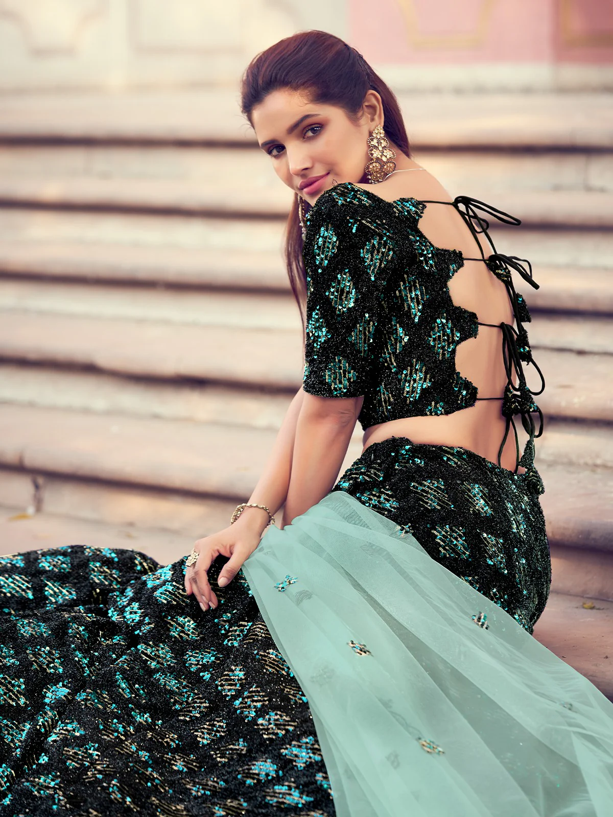 Odette Women Black Elegant Semi Stitched Lehenga With Unstitched Blouse - Image 4