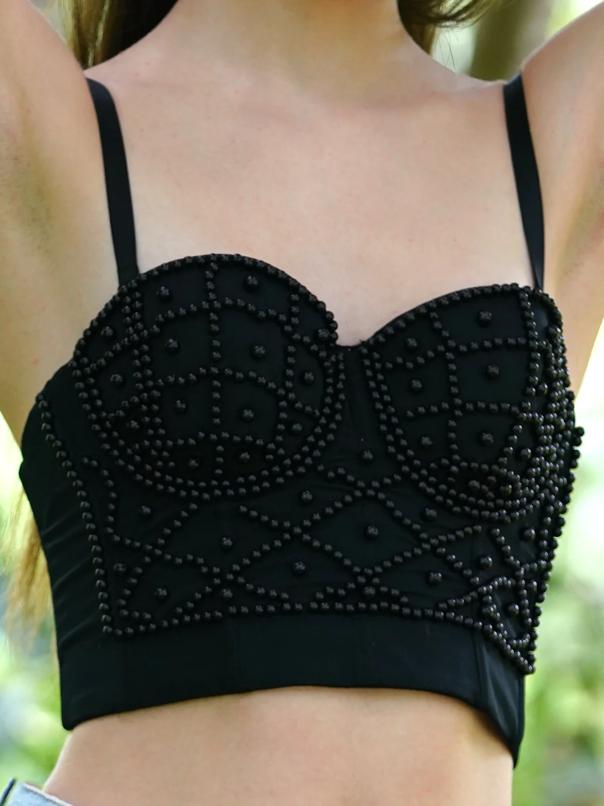 Odette Women Black Embellished Polyester Lycra Corset Stitched Top - Image 5