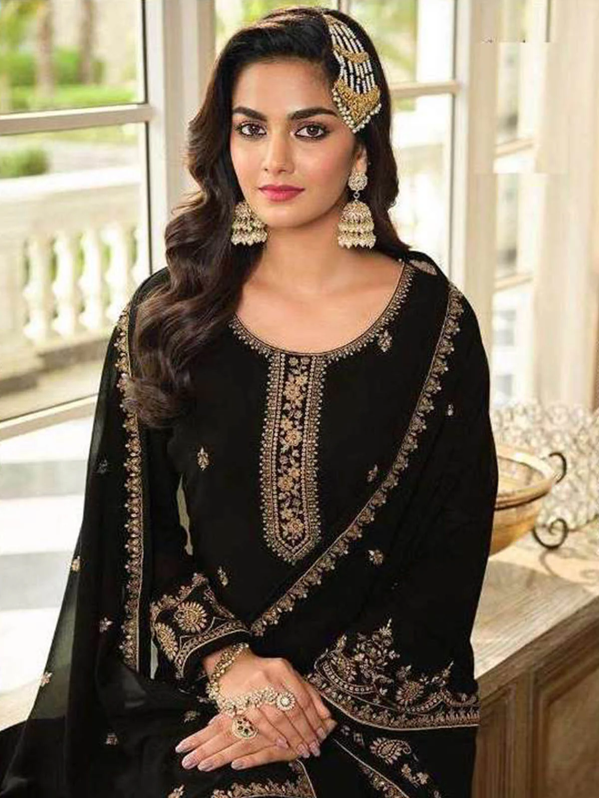 Odette Women Black Embroidered Georgette Sharara Style Semi-Stitched Salwar Suit - Image 2