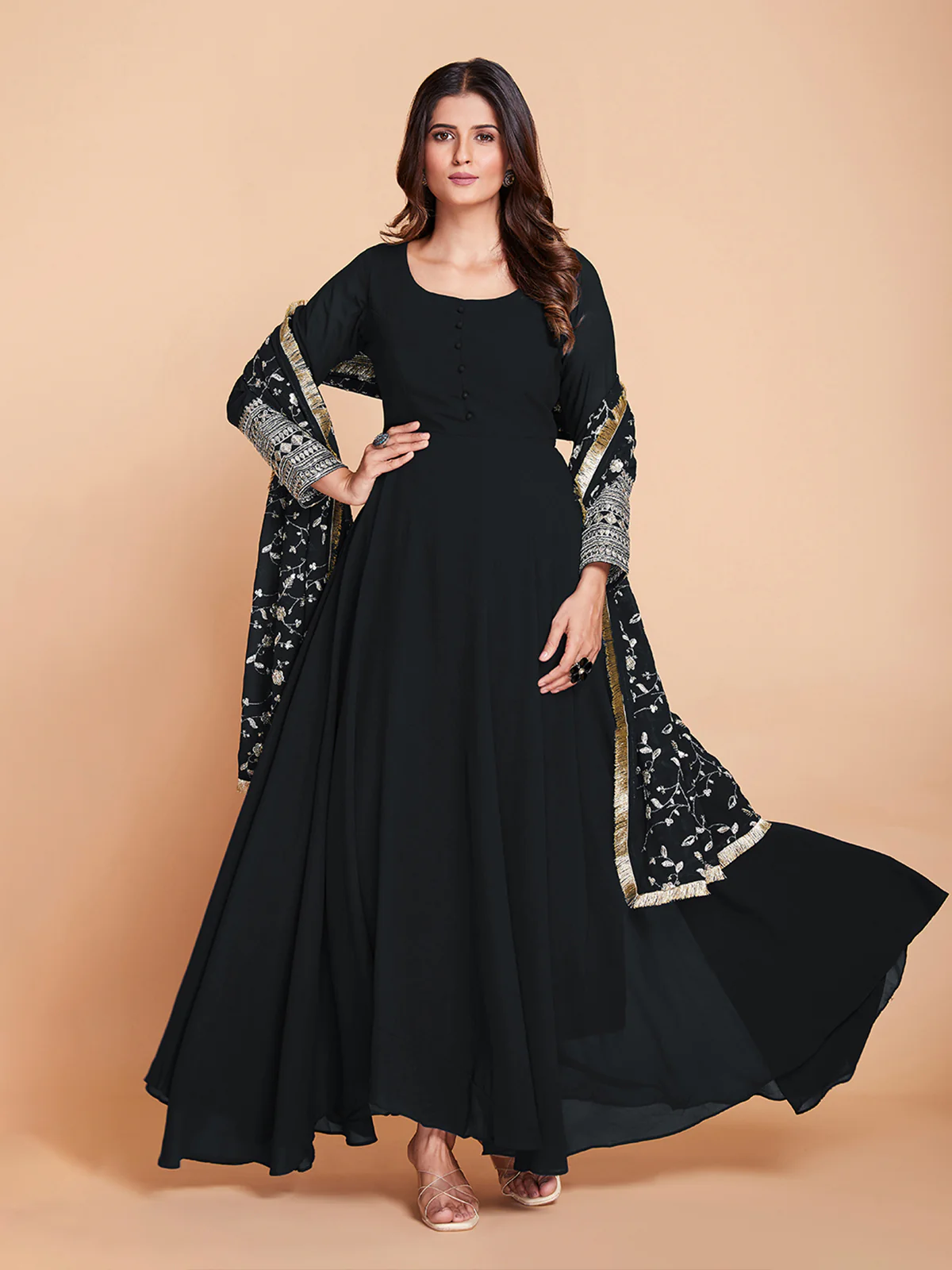 Odette Women Black Faux Georgette Solid Stitched Kurta Set
