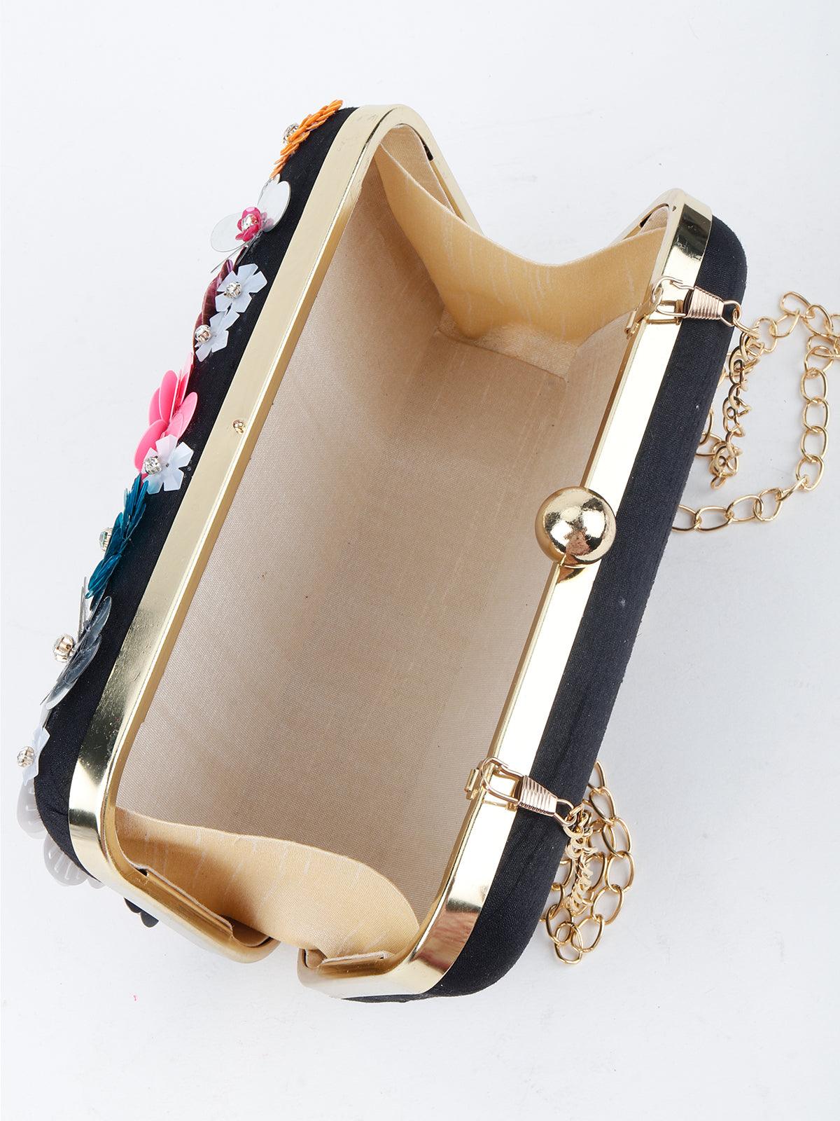 Odette Women Black Floral Embellished Sequin Multicolour Clutch - Image 5