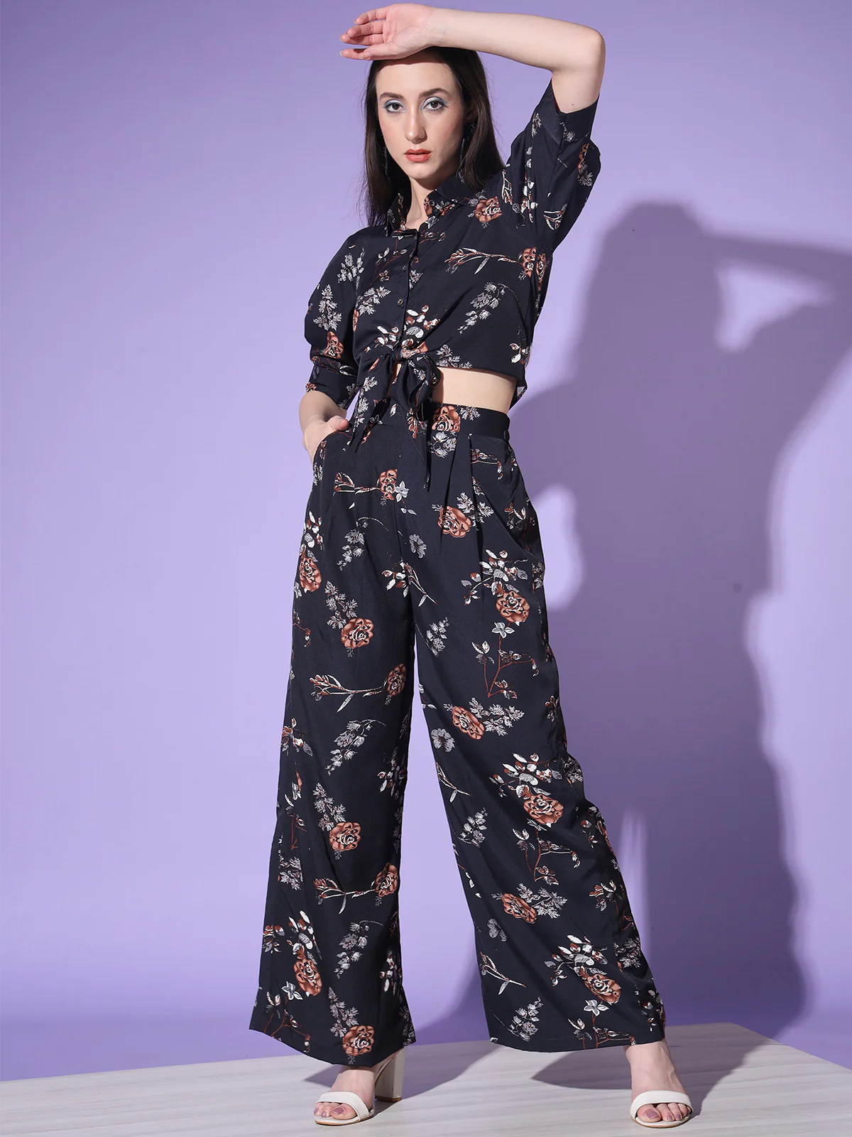 Odette Women Black Floral Printed Crepe Stitched Co Ord Set