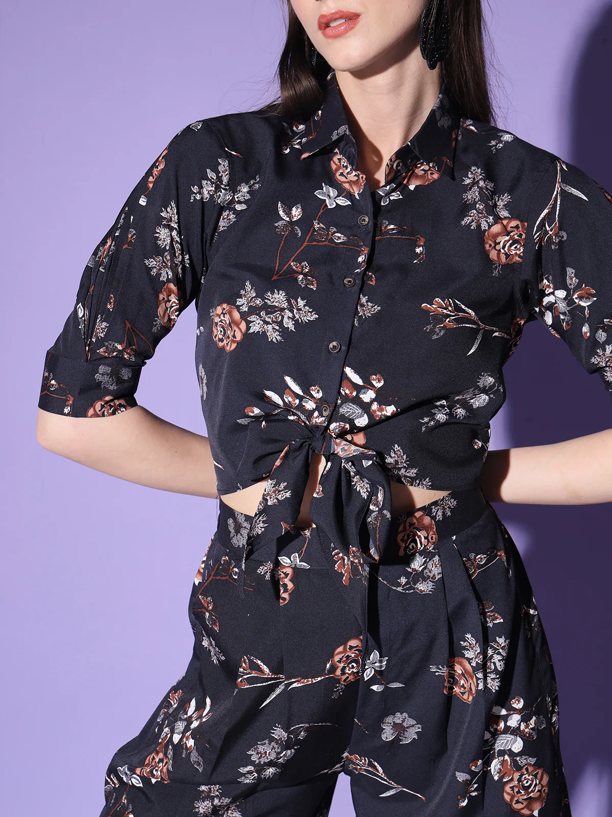 Odette Women Black Floral Printed Crepe Stitched Co Ord Set - Image 2