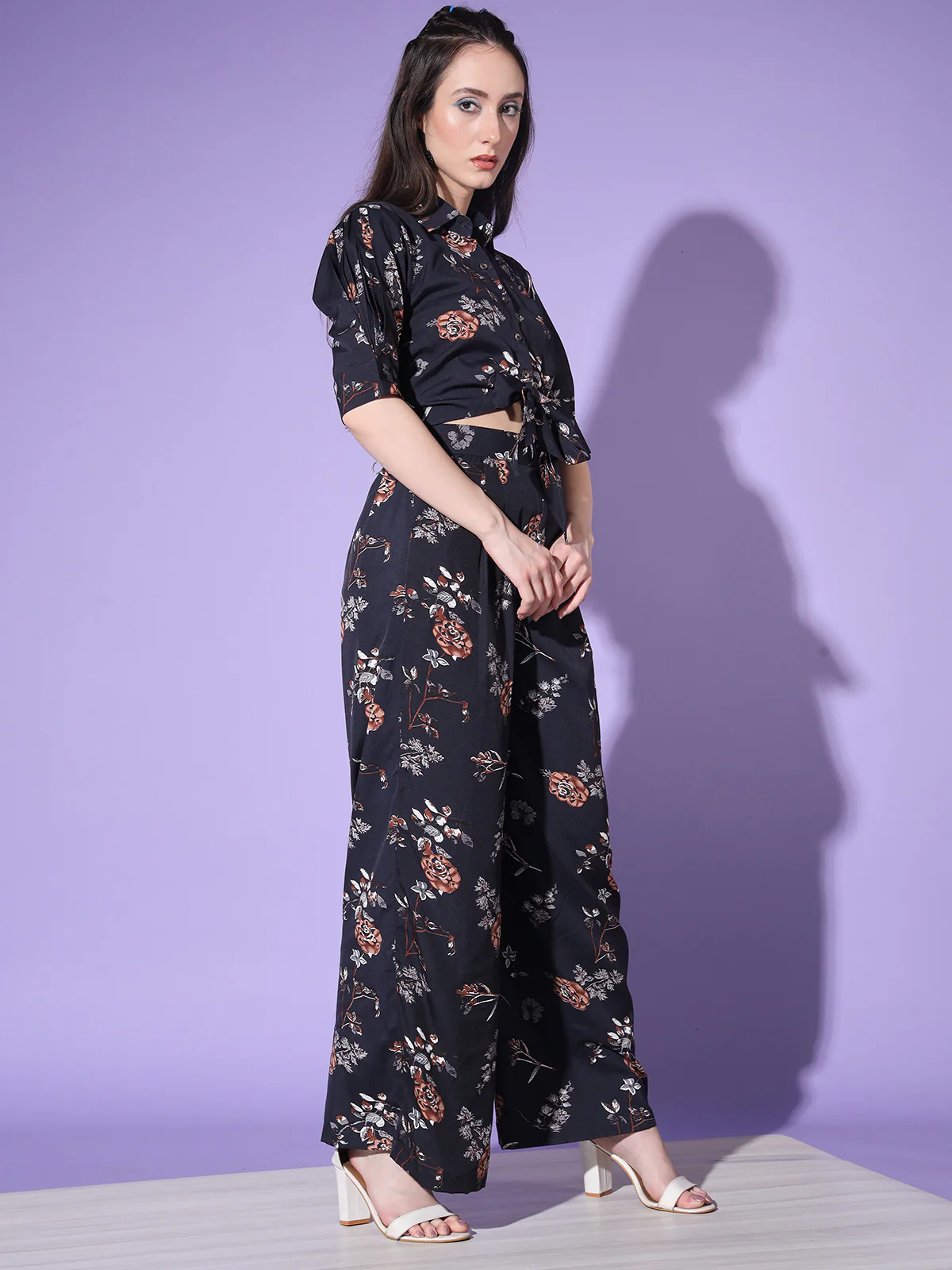 Odette Women Black Floral Printed Crepe Stitched Co Ord Set - Image 3