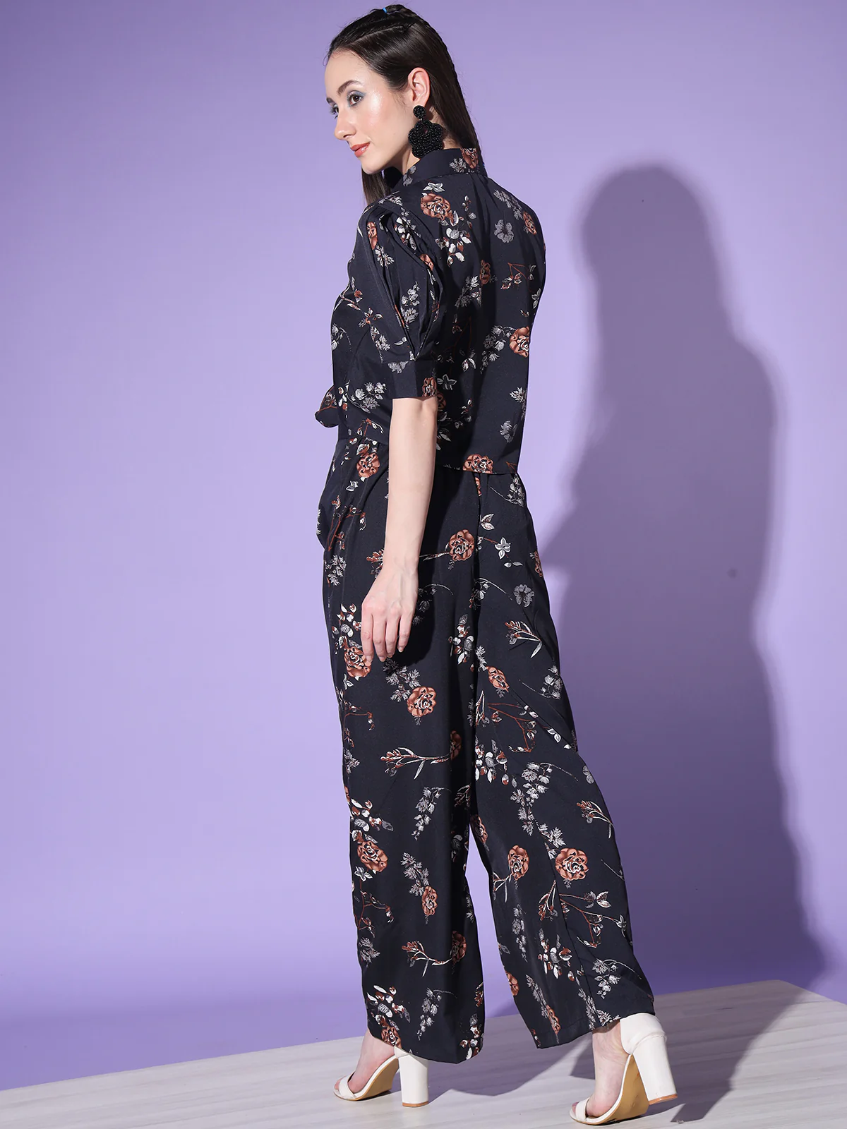 Odette Women Black Floral Printed Crepe Stitched Co Ord Set - Image 4