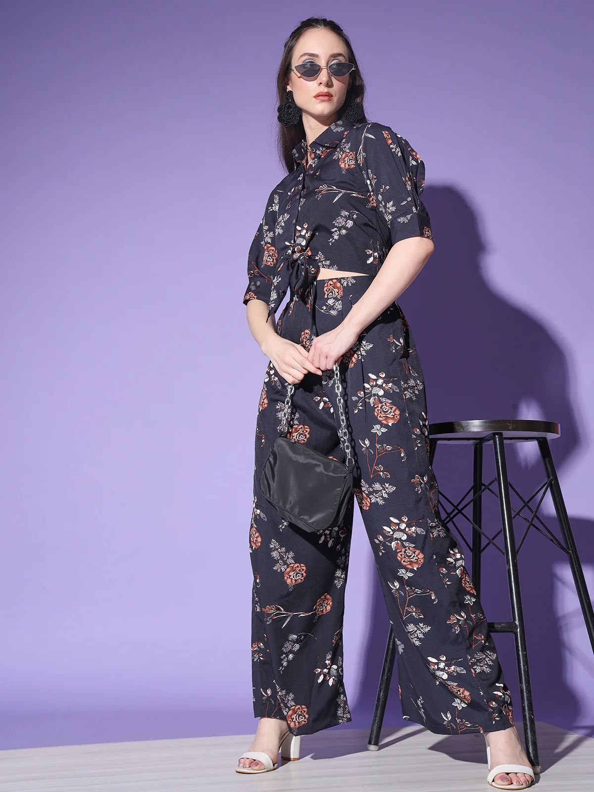 Odette Women Black Floral Printed Crepe Stitched Co Ord Set - Image 5
