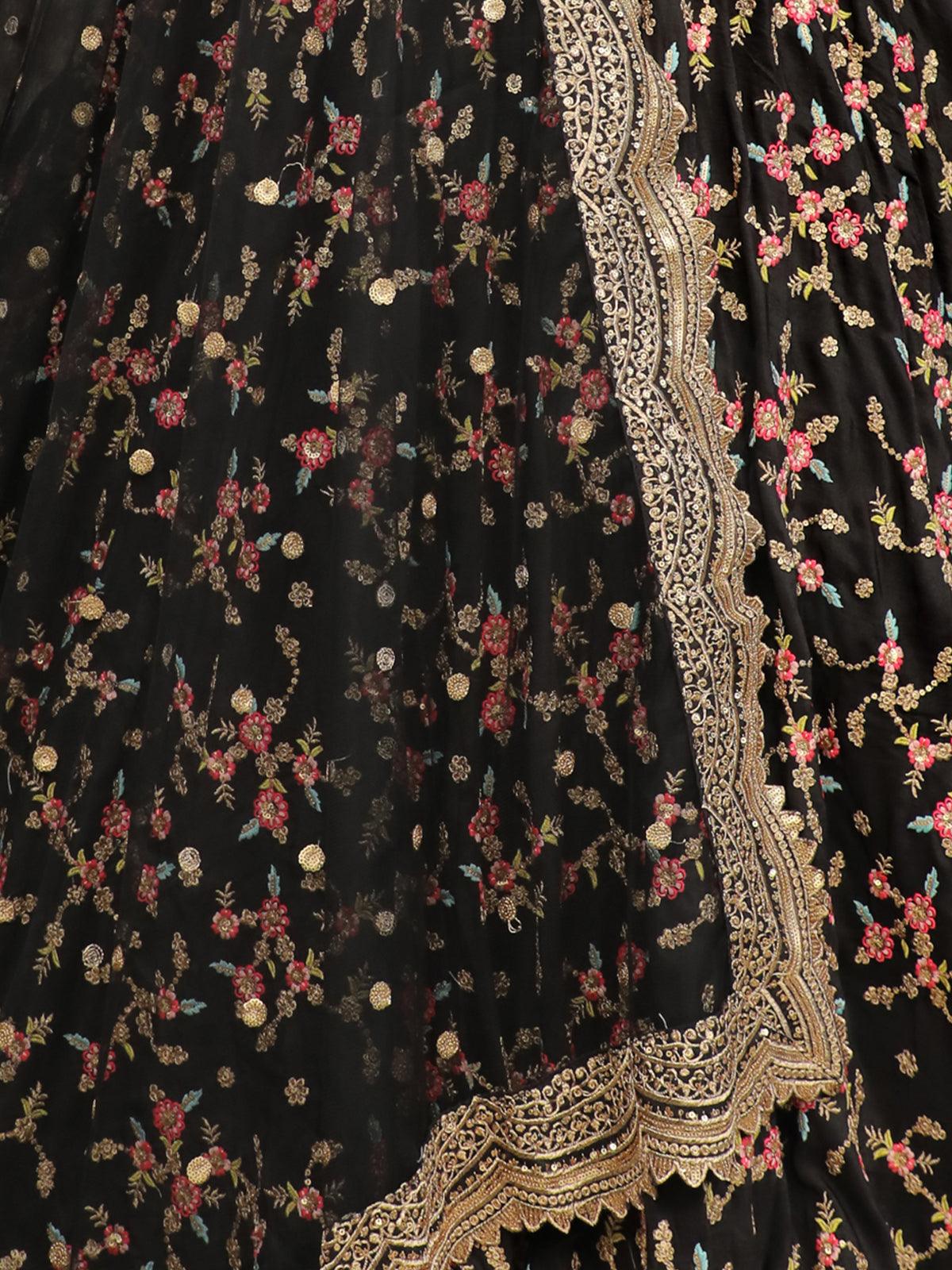 Odette Women Black Floral Sassy Semi Stitched Lehenga With Unstitched Blouse - Image 4