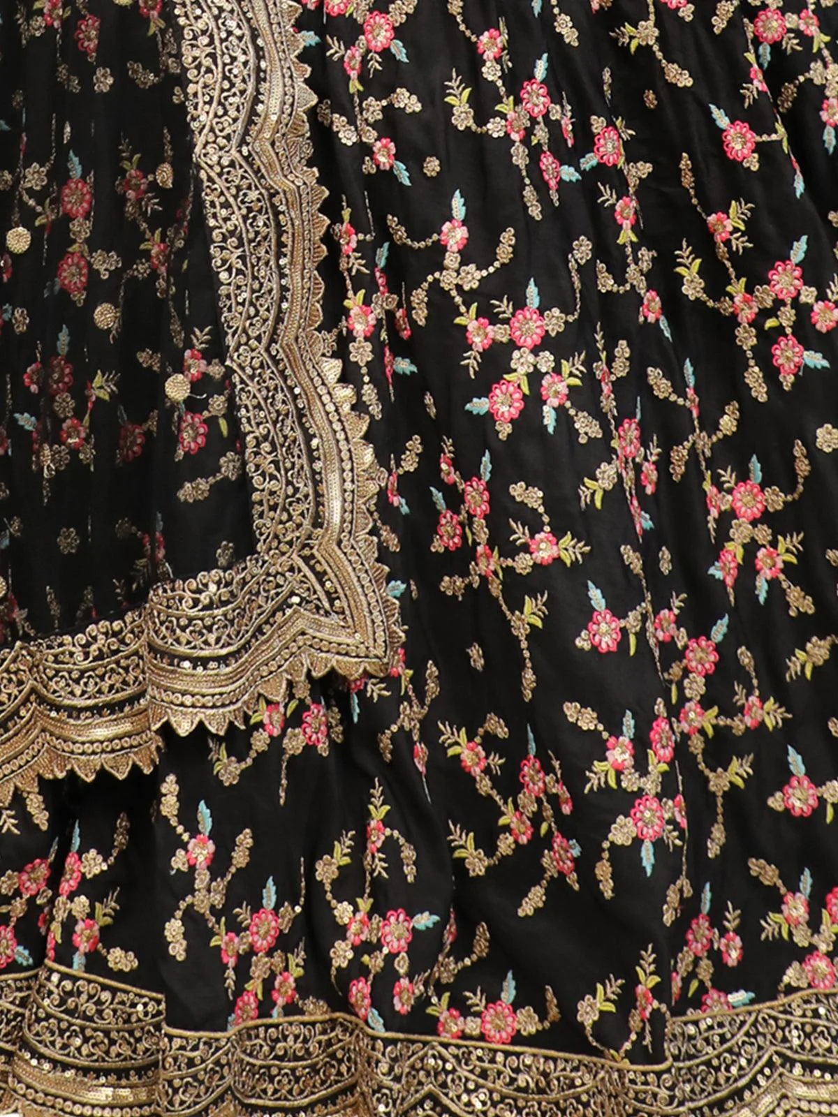 Odette Women Black Floral Sassy Semi Stitched Lehenga With Unstitched Blouse - Image 5