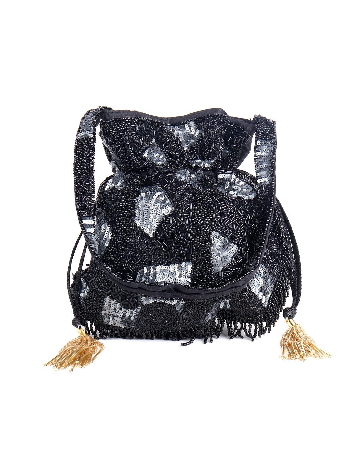 Odette Women Black Fringe Tasseled Potli - Image 3