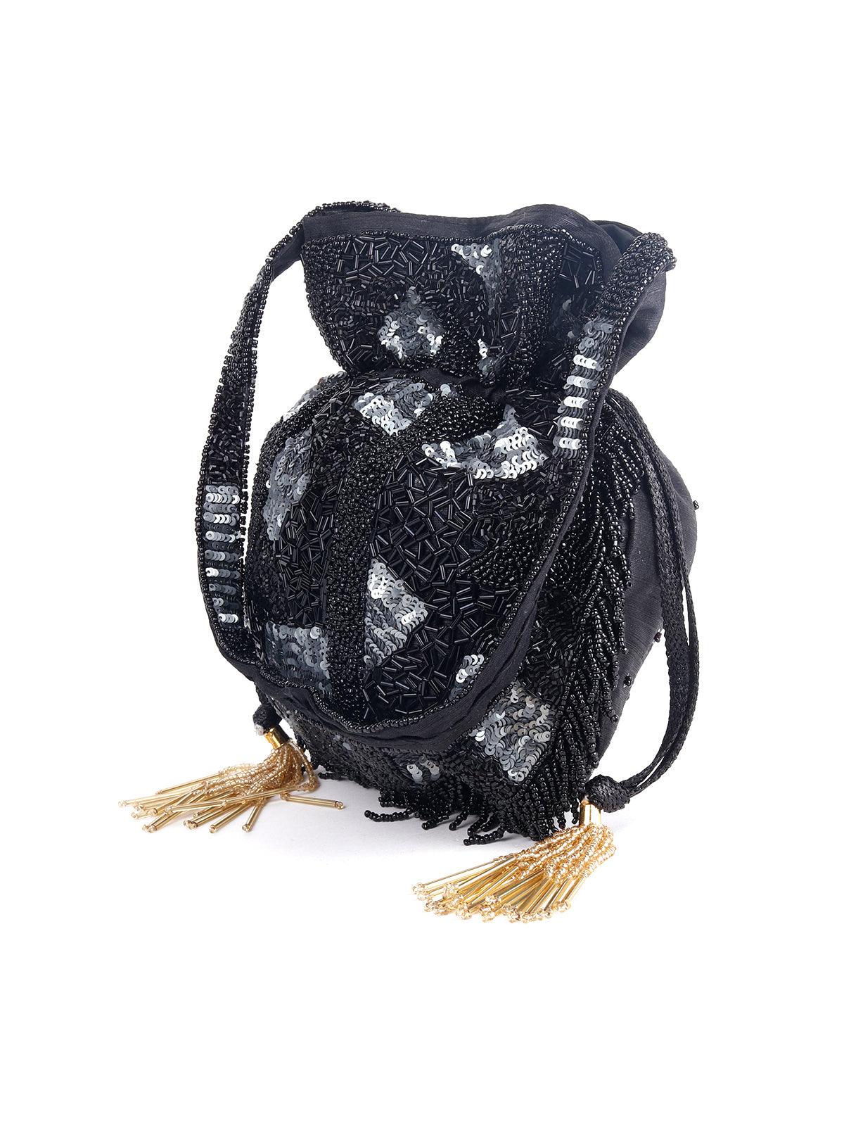 Odette Women Black Fringe Tasseled Potli - Image 4