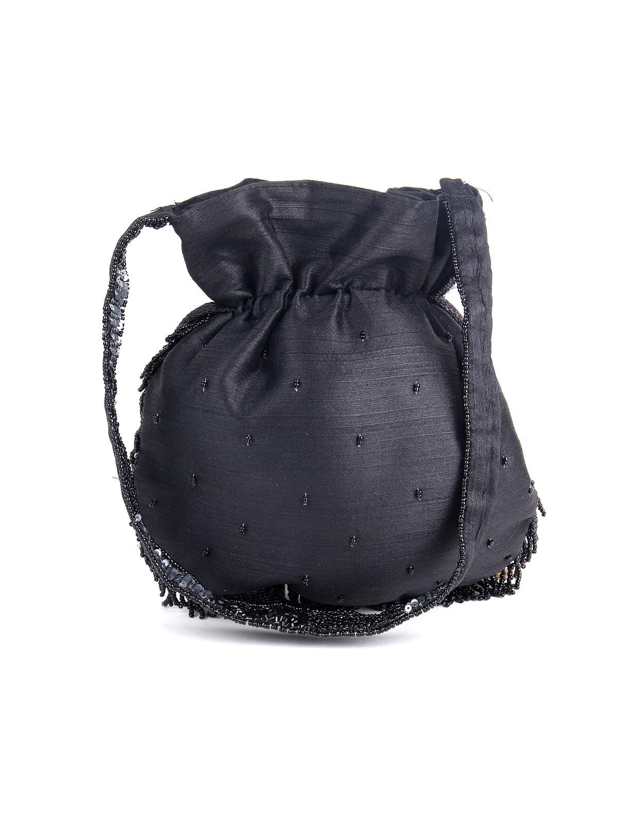 Odette Women Black Fringe Tasseled Potli - Image 6