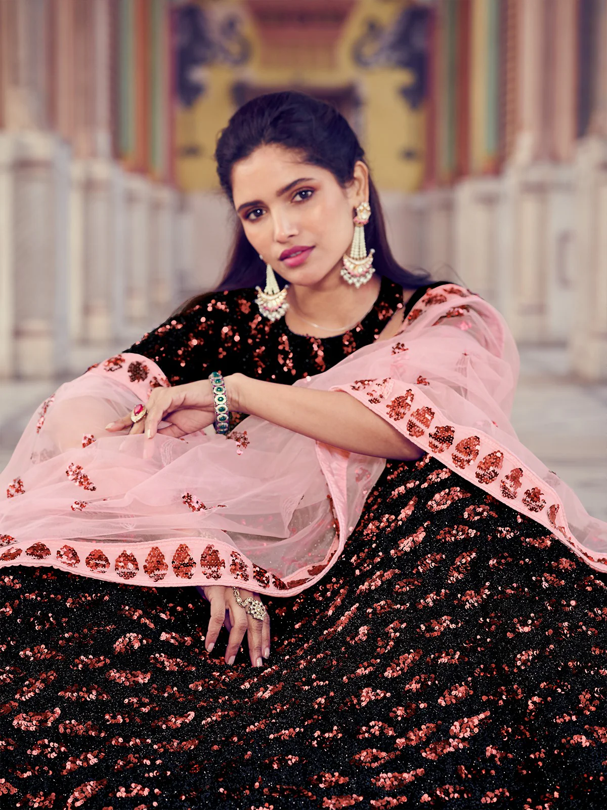 Odette Women Black Fur Imported Fabric Designer Semi Stitched Lehenga With Unstitched Blouse - Image 2