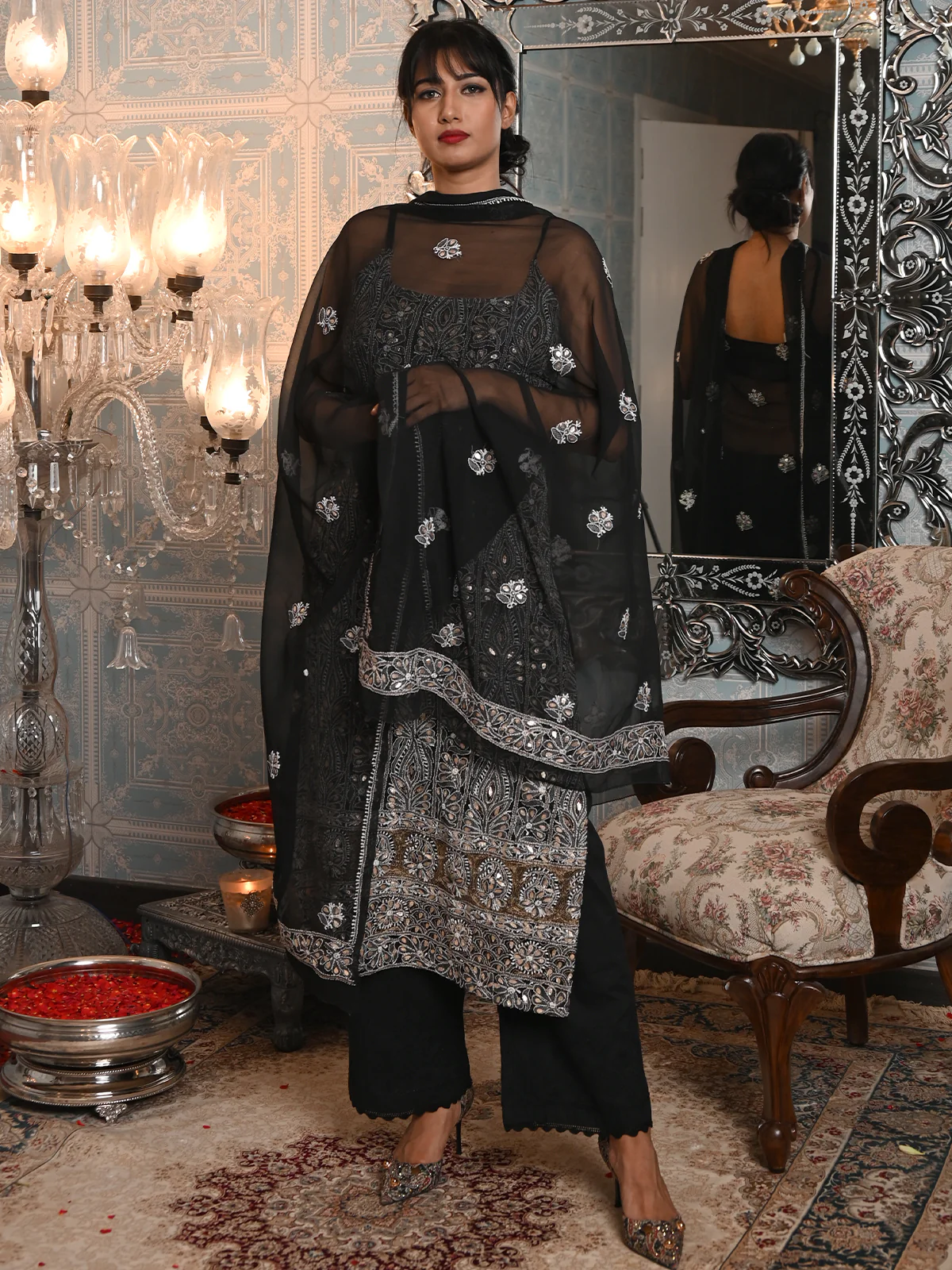 Odette Women Black Georgette Chikankari And Gotapatti Embroidered Unstitched Kurta Set - Image 3