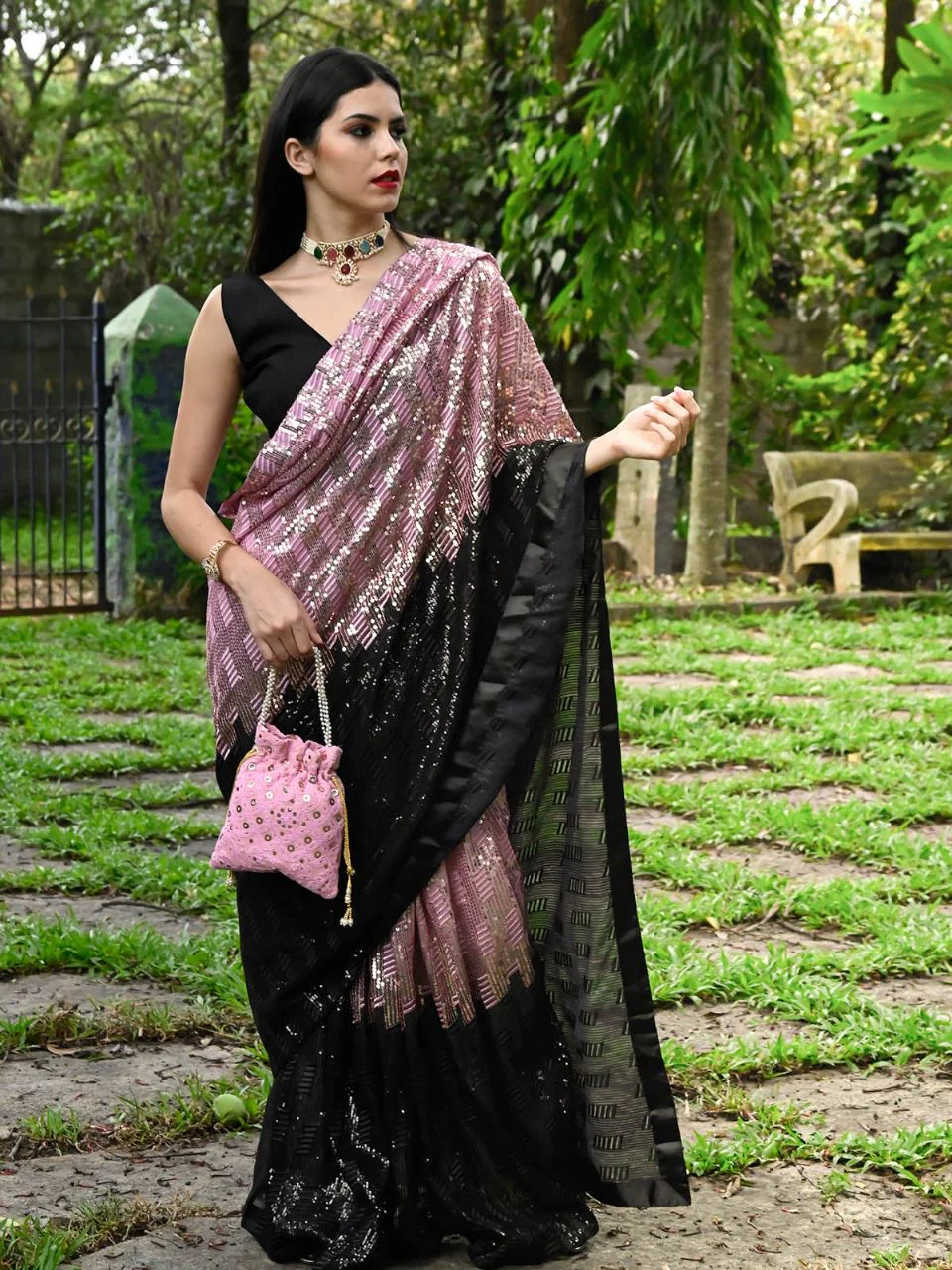 Odette Women Pink & Black Georgette Sequins Saree With Unstitched Blouse