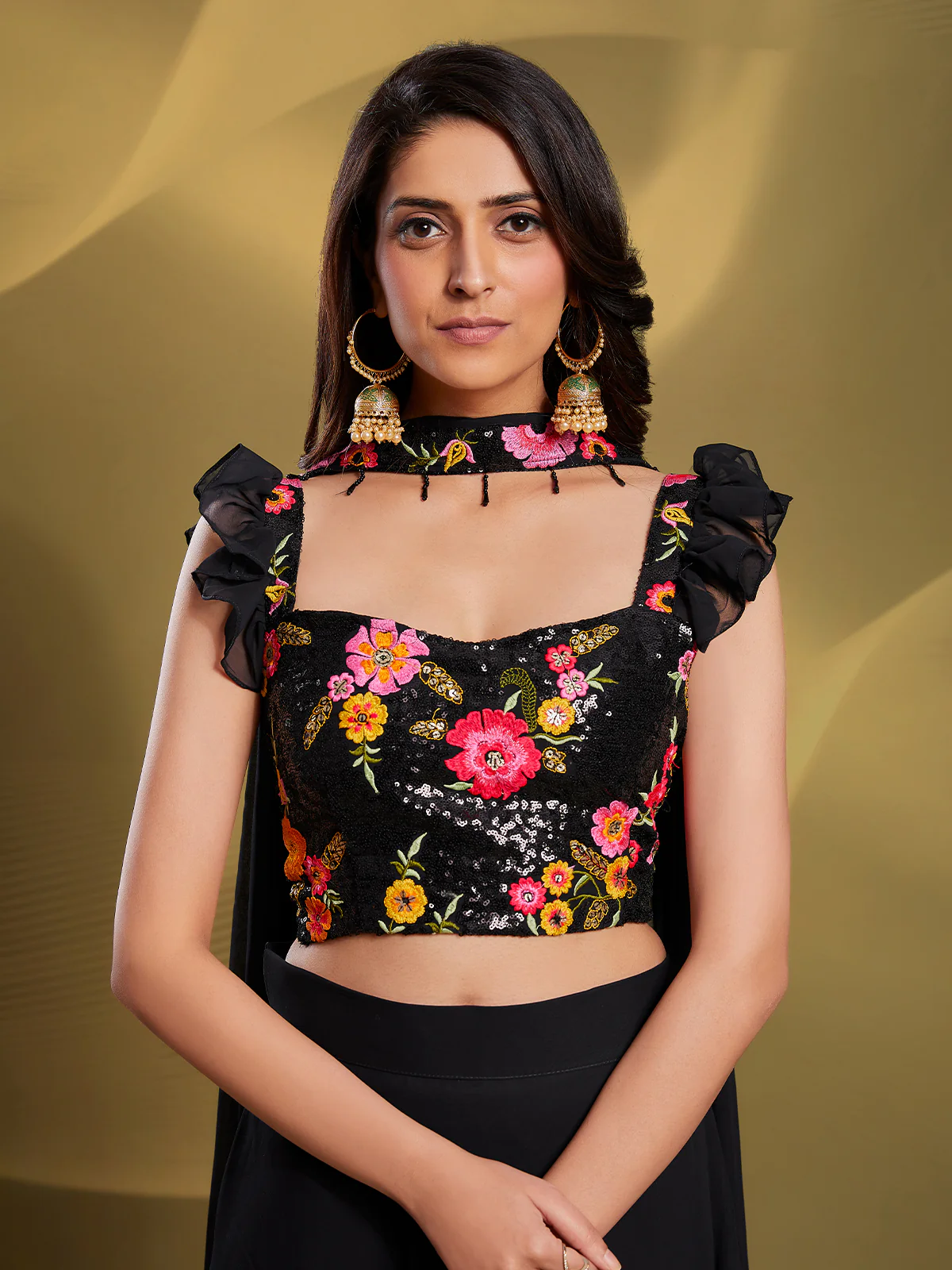 Odette Women Black Georgette Solid Stitched Lehenga Choli - Image 5