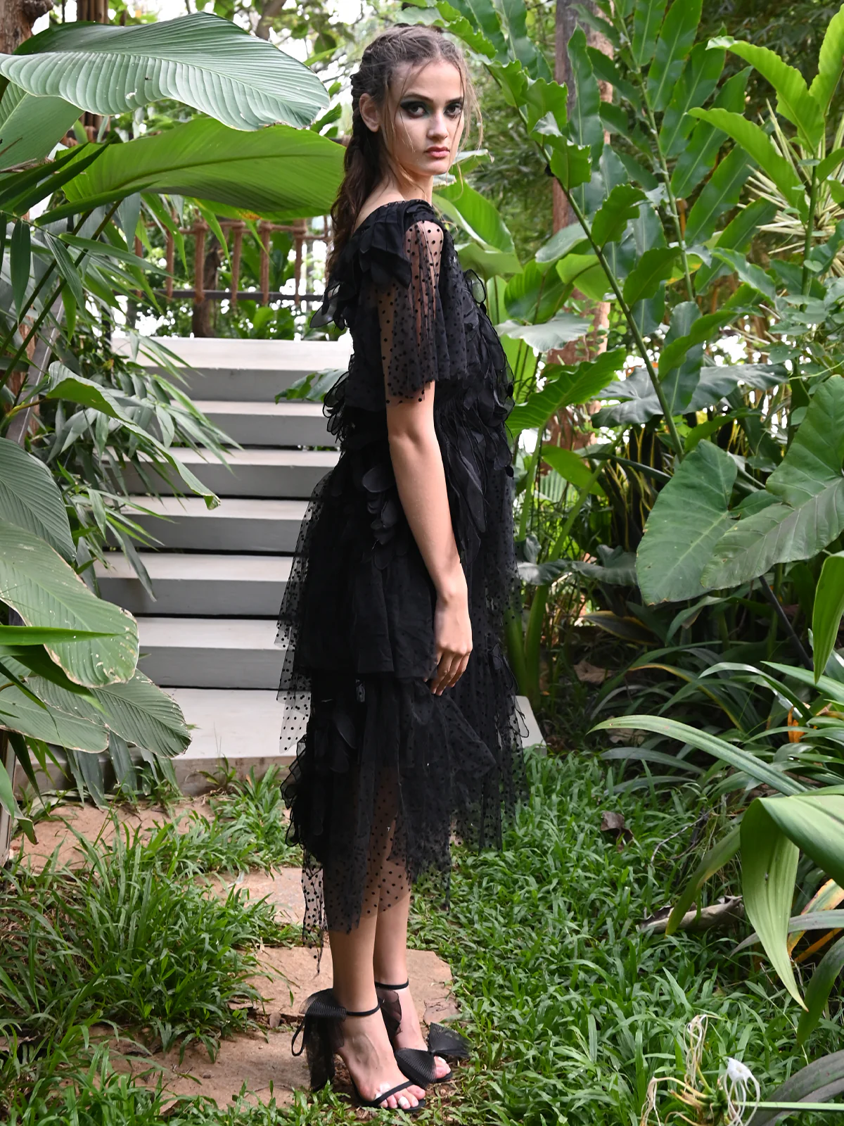 Odette Women Black Lace And Dobby Net Partywear Dress - Image 2