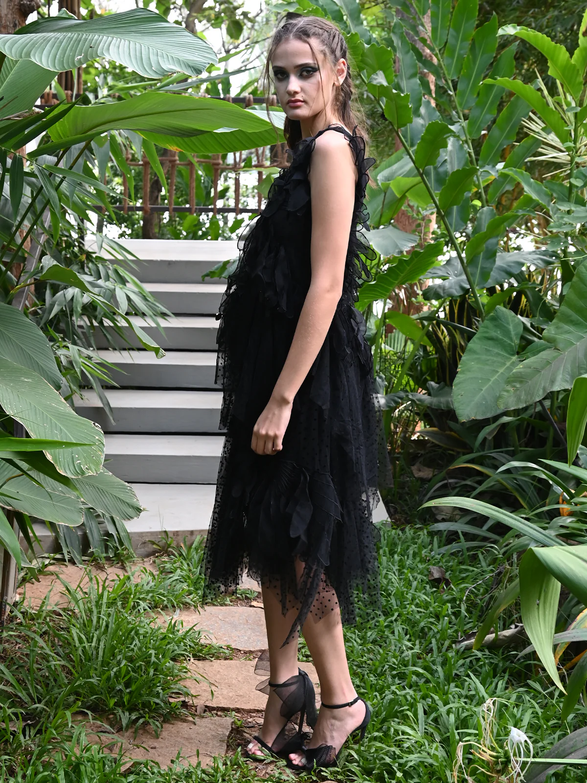 Odette Women Black Lace And Dobby Net Partywear Dress - Image 3