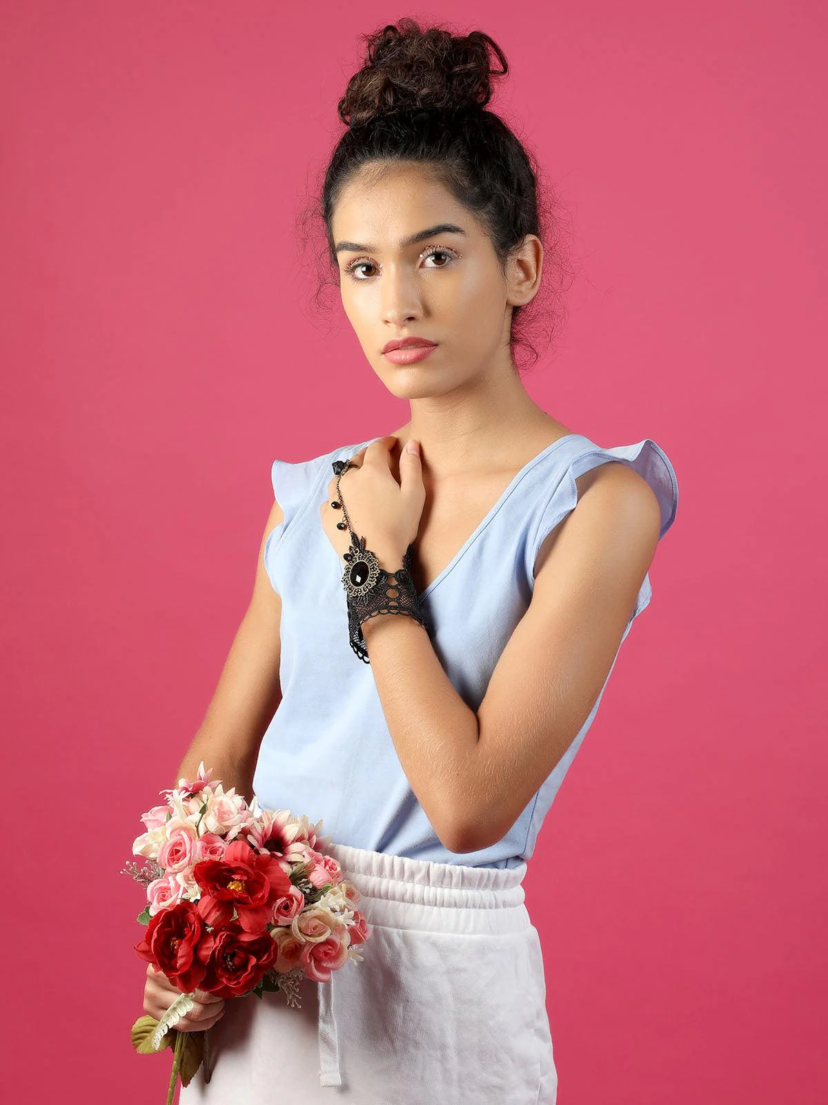 Odette Women Black Lace Bracelet Secured With A Ring Chain