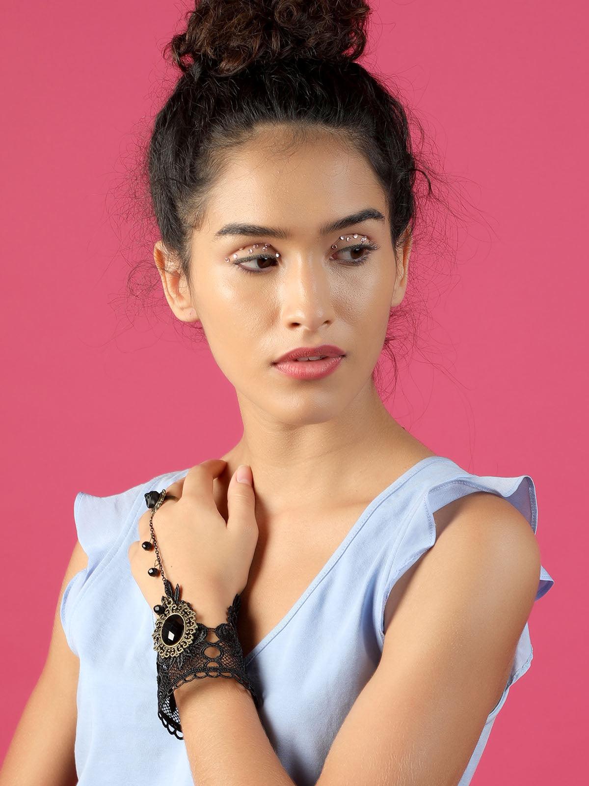 Odette Women Black Lace Bracelet Secured With A Ring Chain - Image 2