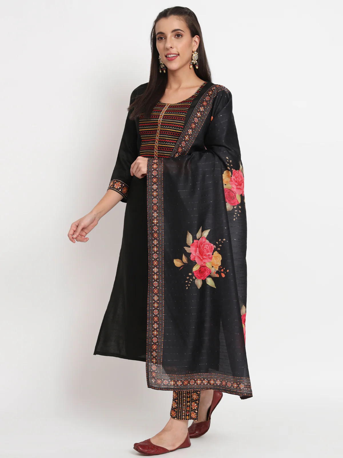 Odette Women Black Cotton Blend Embroidered Stitched Kurta Set - Image 2
