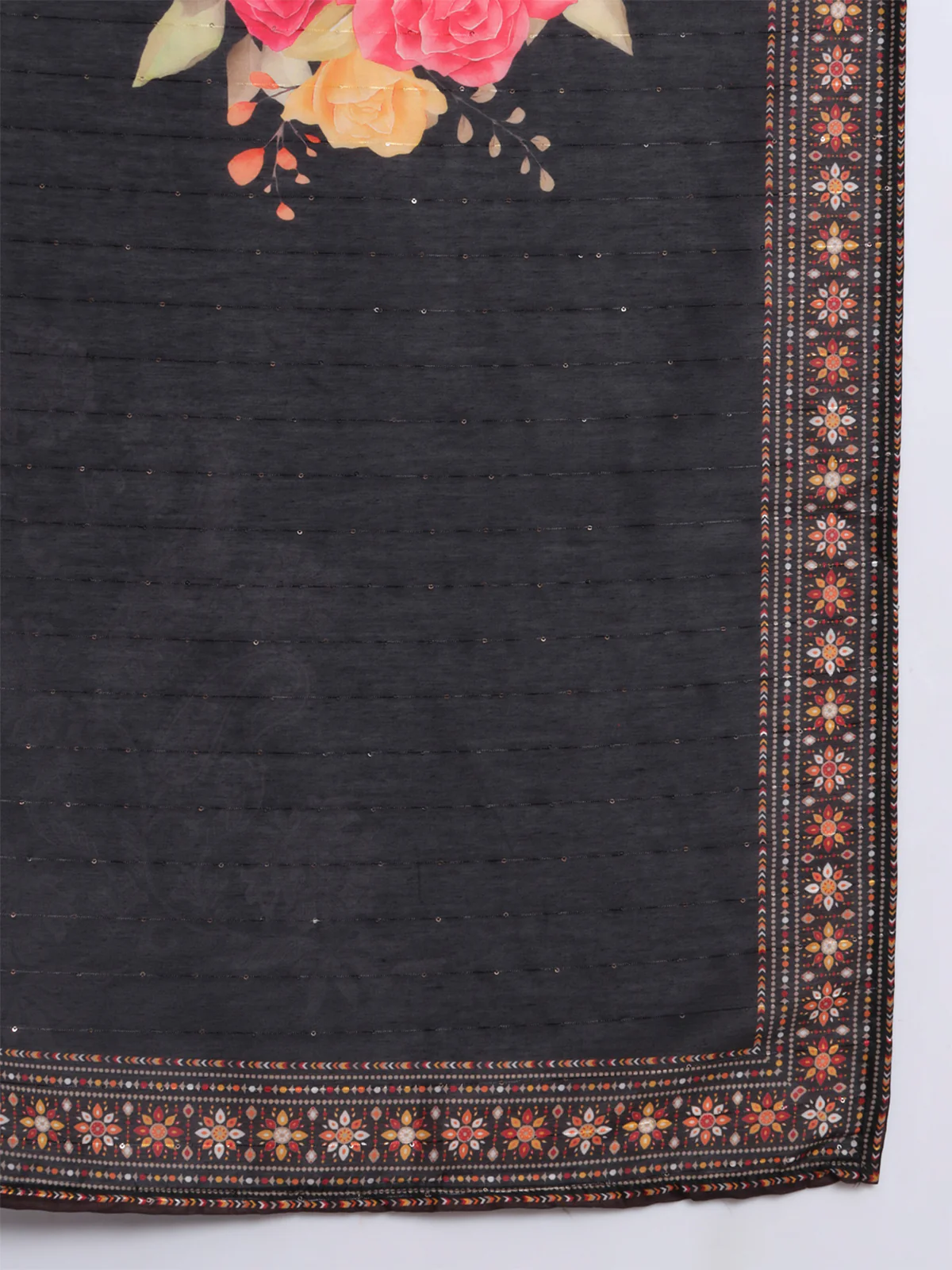 Odette Women Black Cotton Blend Embroidered Stitched Kurta Set - Image 5