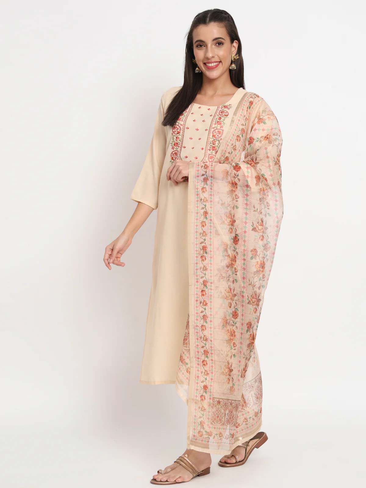 Odette Women Beige Cotton Blend Embroidered Stitched Kurta Set - Image 2